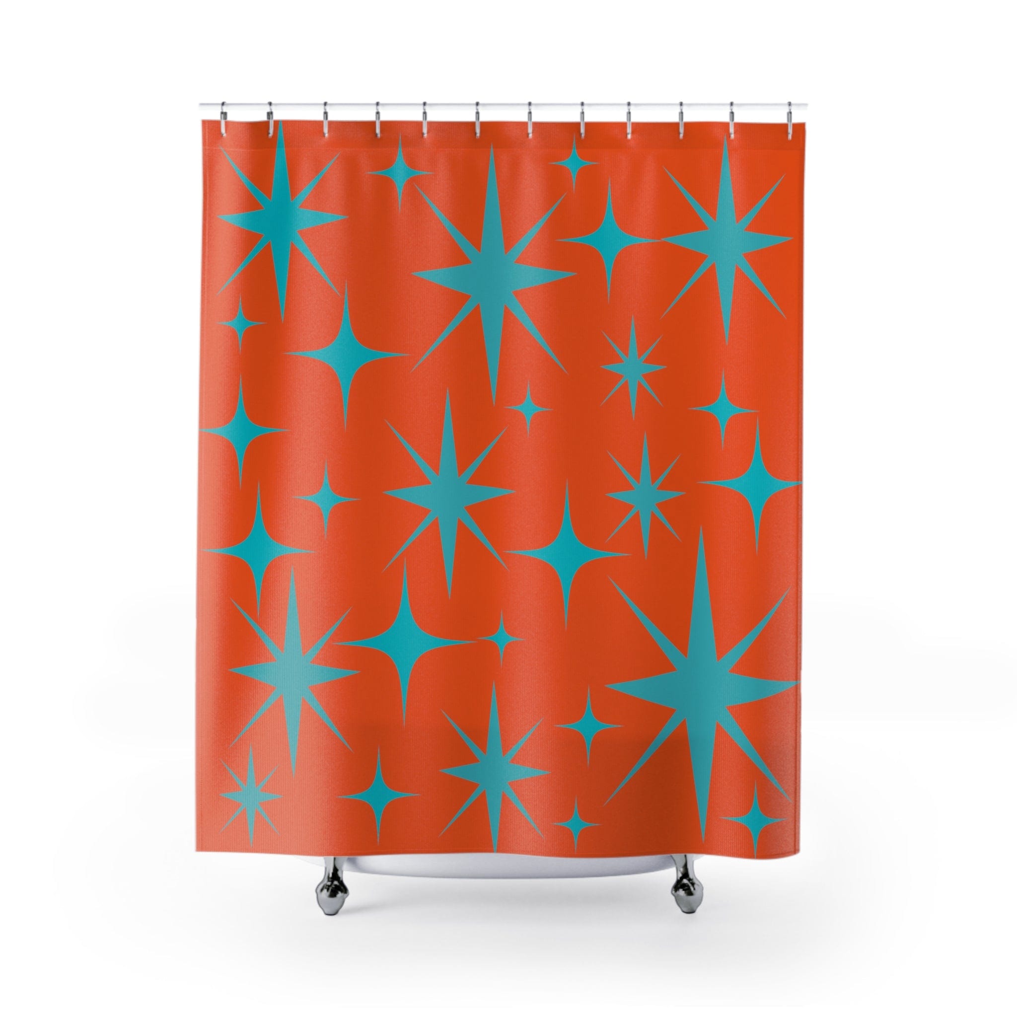 Mid Century Modern Shower Curtain, Bold Orange, Aqua Blue Starburst Shower Curtain Home Decor 71" × 74"