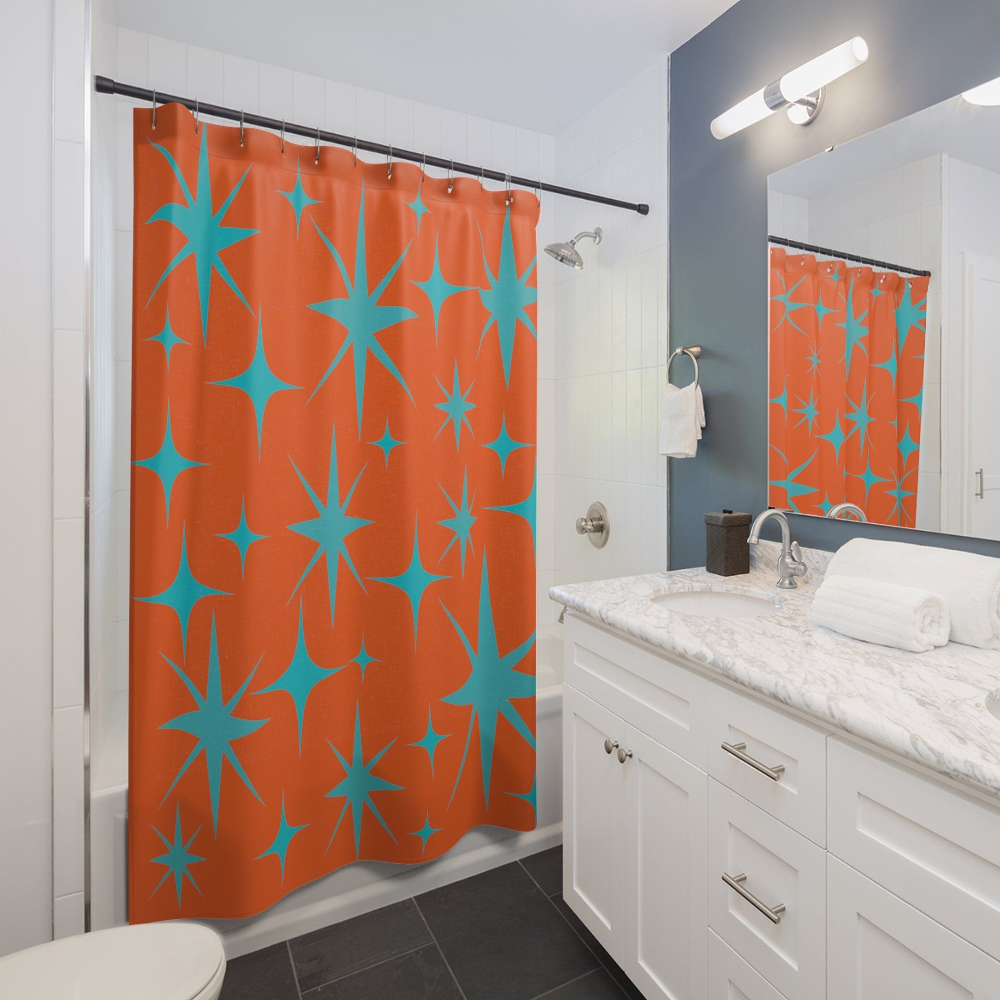 Mid Century Modern Shower Curtain, Bold Orange, Aqua Blue Starburst Shower Curtain Home Decor 71" × 74"