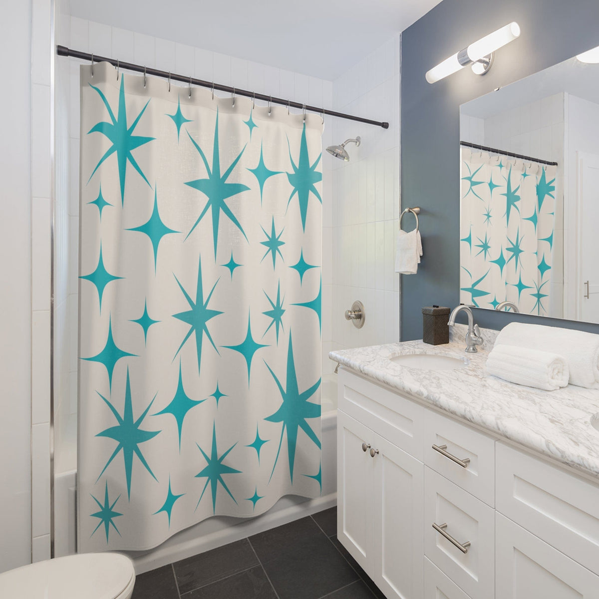 Mid Century Modern Shower Curtain, Creamy Vanilla, Aqua Blue Starburst Home Decor 71" × 74"