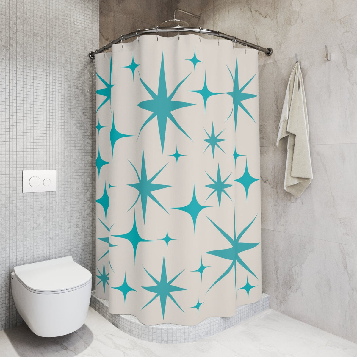 Mid Century Modern Shower Curtain, Creamy Vanilla, Aqua Blue Starburst Home Decor 71" × 74"