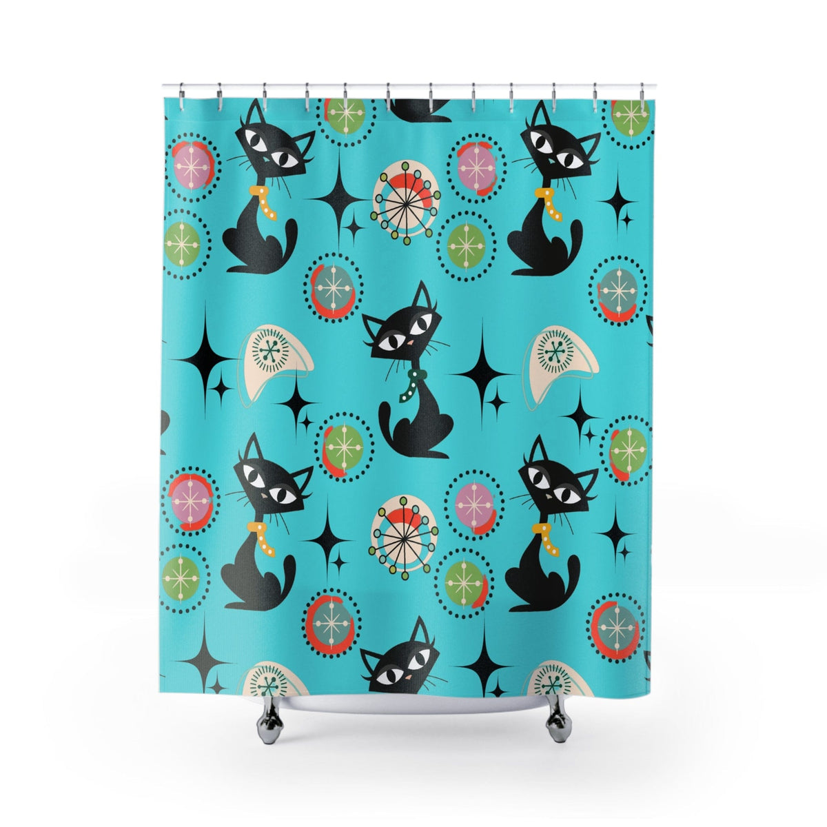 Mid Century Modern Shower Curtain, Cute Atomic Kitsch Cats, Cat Mom, Black Cat Lover Retro Aqua Starburst Bath Decor Home Decor 71" × 74"