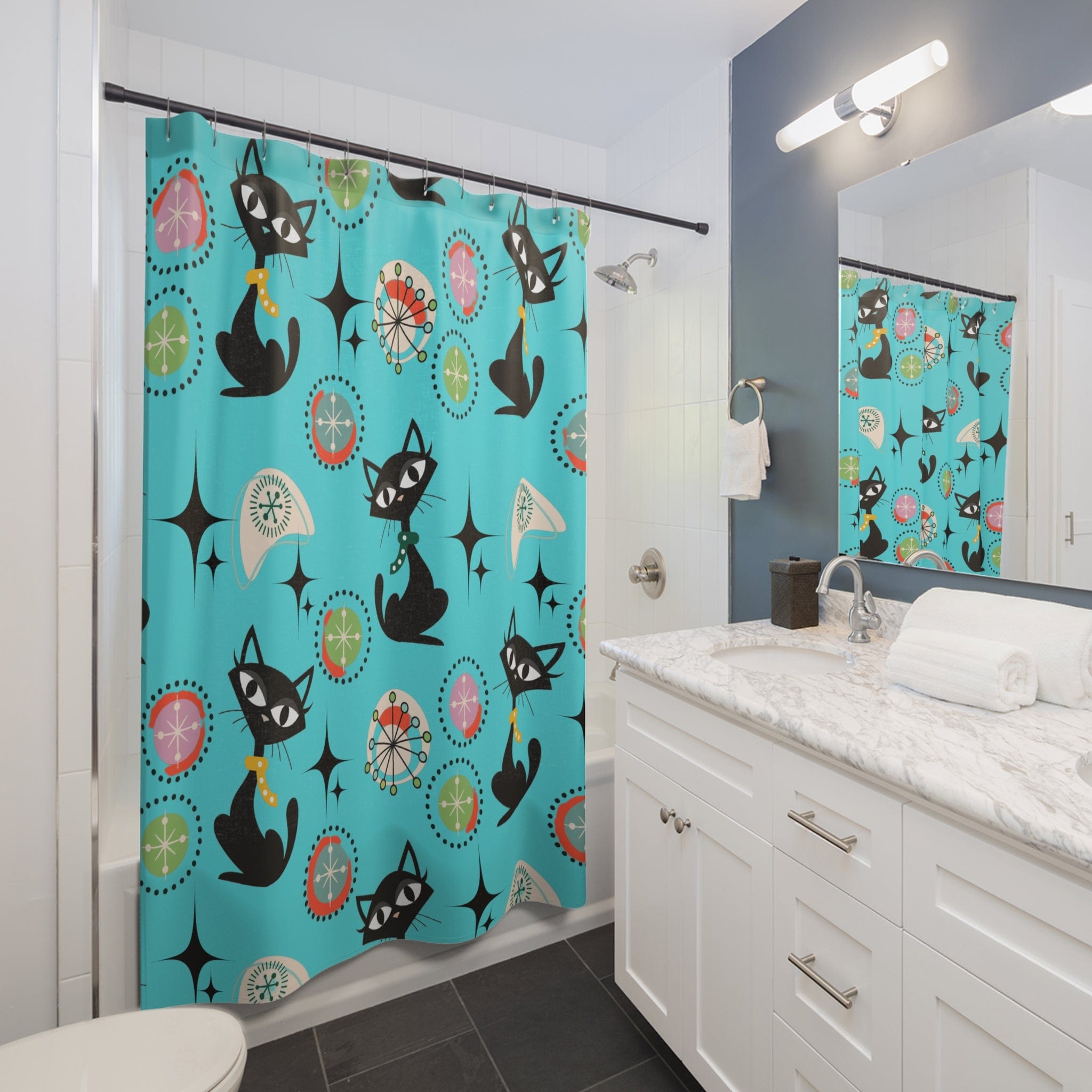Mid Century Modern Shower Curtain, Cute Atomic Kitsch Cats, Cat Mom, Black Cat Lover Retro Aqua Starburst Bath Decor Home Decor 71" × 74"