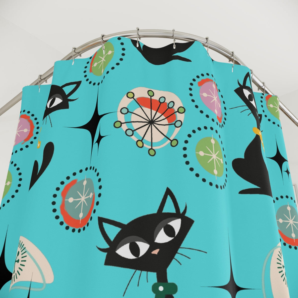 Mid Century Modern Shower Curtain, Cute Atomic Kitsch Cats, Cat Mom, Black Cat Lover Retro Aqua Starburst Bath Decor Home Decor 71" × 74"