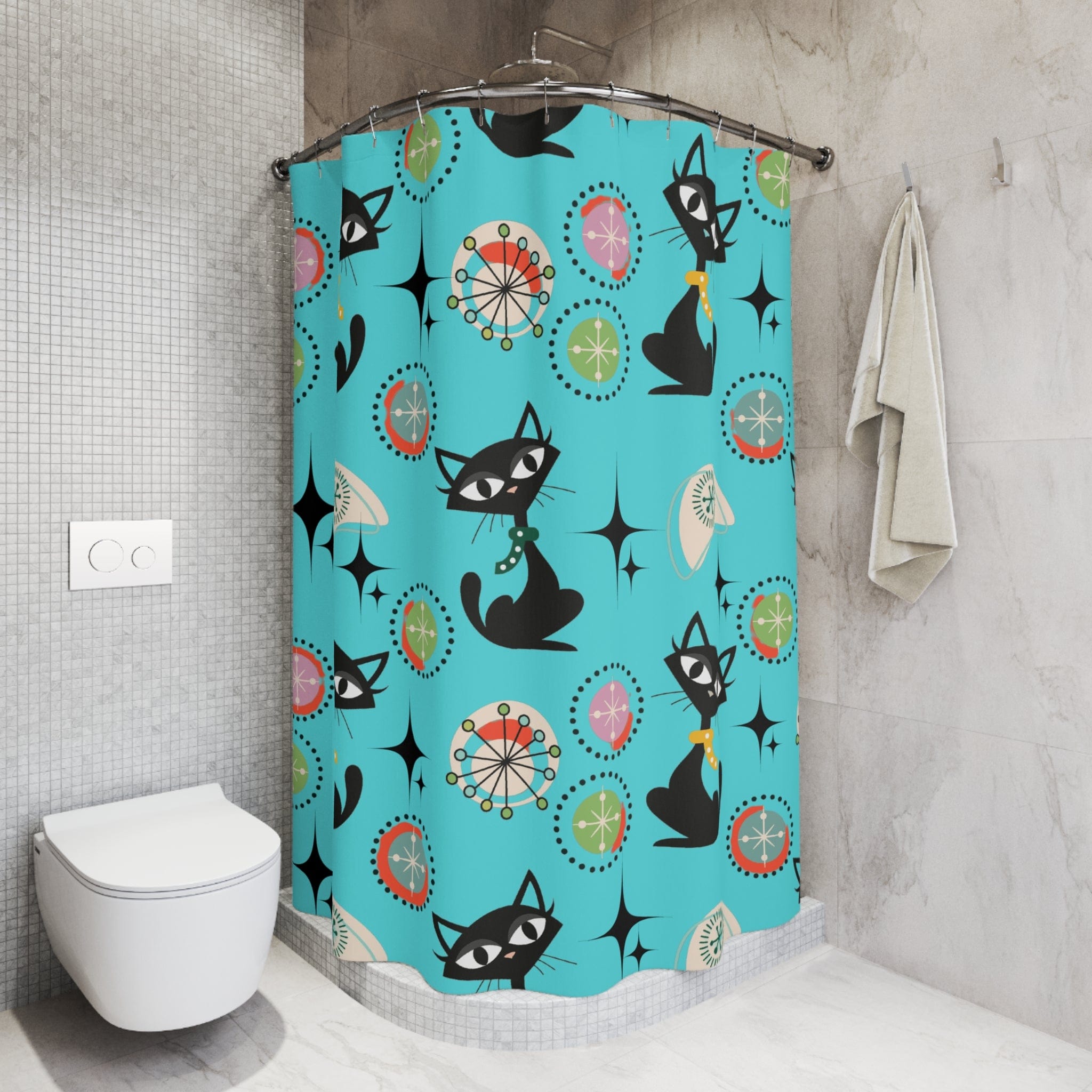 Mid Century Modern Shower Curtain, Cute Atomic Kitsch Cats, Cat Mom, Black Cat Lover Retro Aqua Starburst Bath Decor Home Decor 71" × 74"