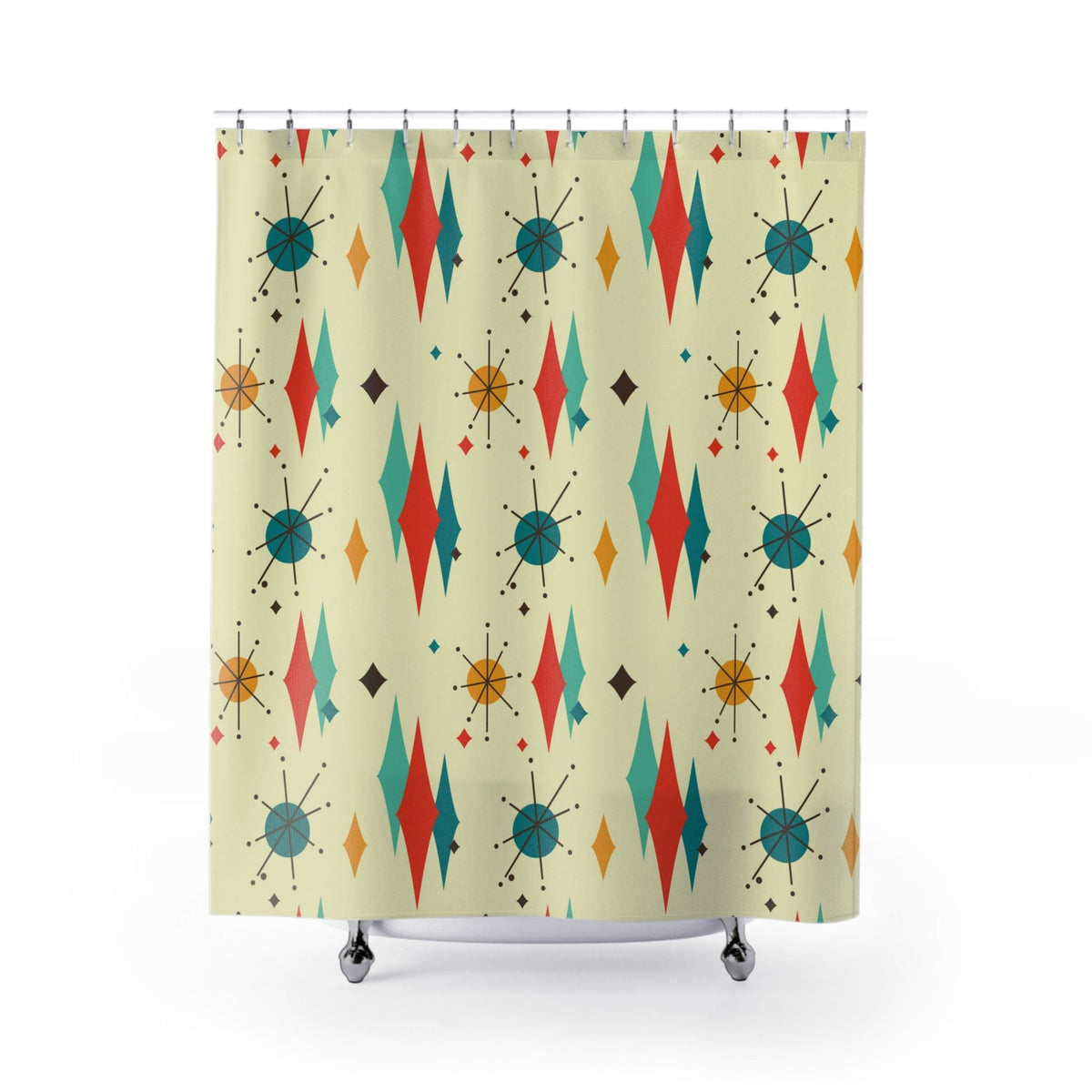 Mid Century Modern Shower Curtain, Franciscan Diamond Starburst Retro Beige, Yellow, Teal MCM Home Decor 71" × 74"