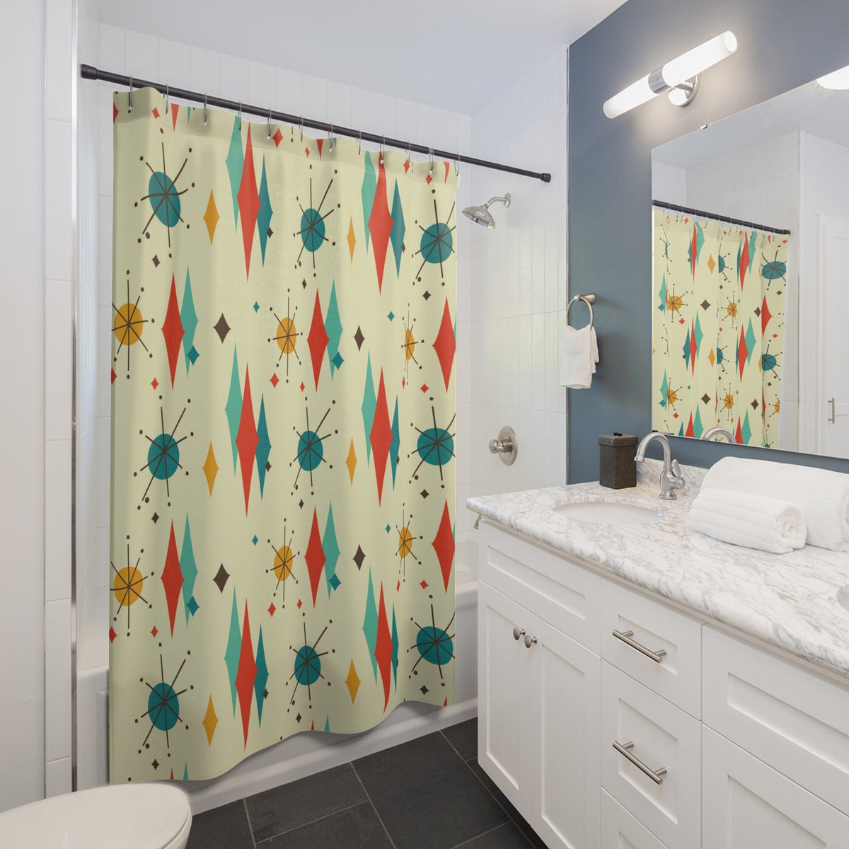 Mid Century Modern Shower Curtain, Franciscan Diamond Starburst Retro Beige, Yellow, Teal MCM Home Decor 71" × 74"