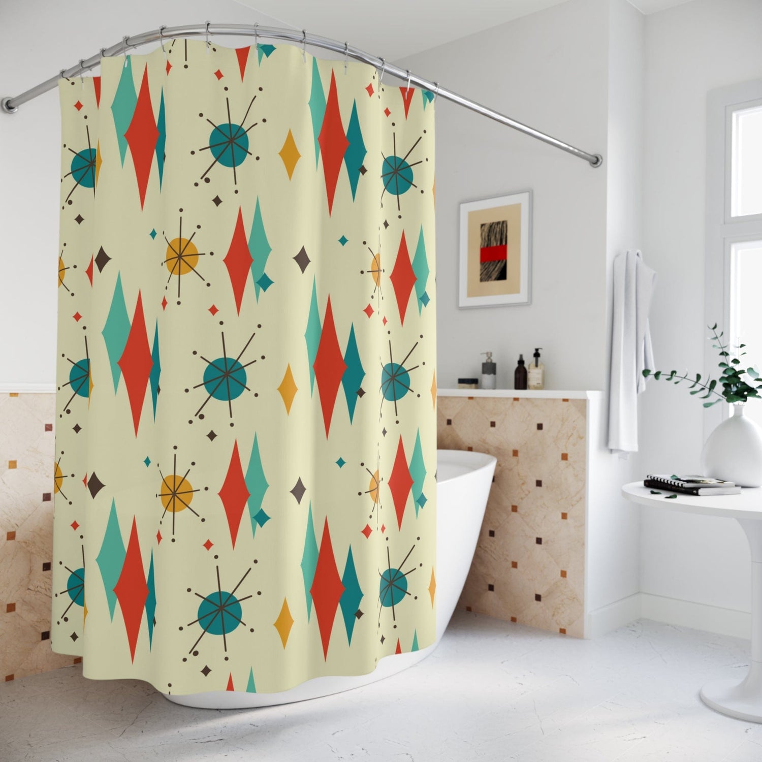 Mid Century Modern Shower Curtain, Franciscan Diamond Starburst Retro Beige, Yellow, Teal  MCM Home Decor 71" × 74"