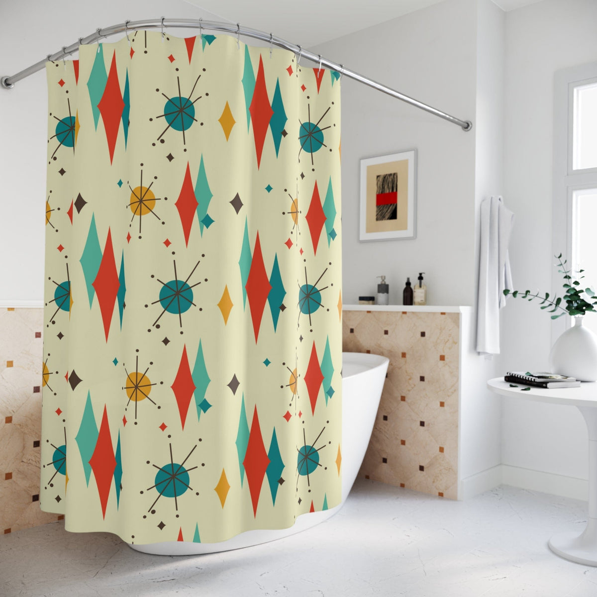 Mid Century Modern Shower Curtain, Franciscan Diamond Starburst Retro Beige, Yellow, Teal MCM Home Decor 71" × 74"