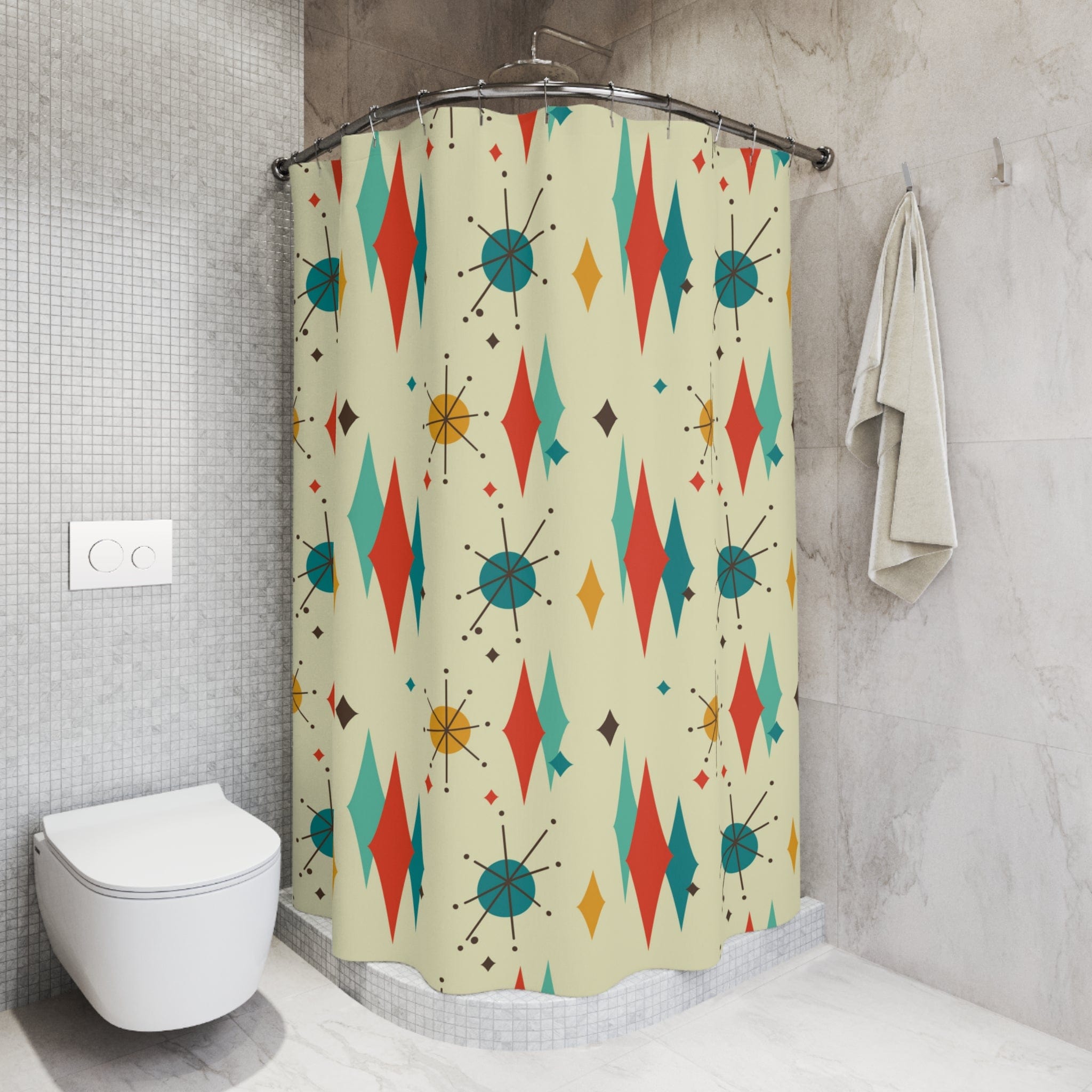 Mid Century Modern Shower Curtain, Franciscan Diamond Starburst Retro Beige, Yellow, Teal  MCM Home Decor 71" × 74"