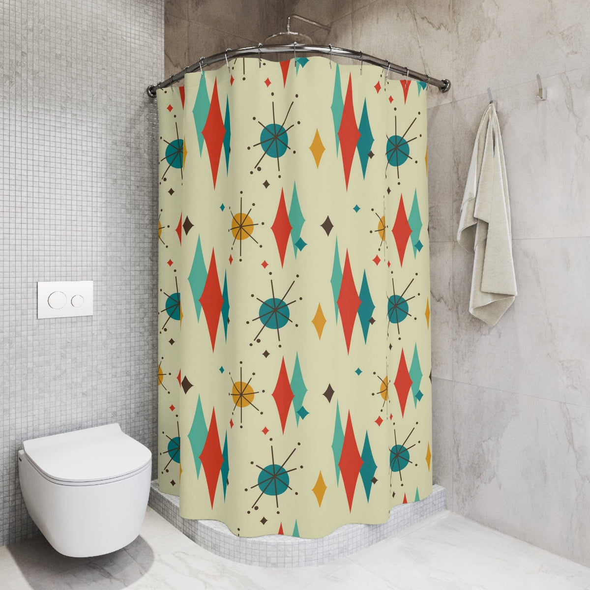 Mid Century Modern Shower Curtain, Franciscan Diamond Starburst Retro Beige, Yellow, Teal MCM Home Decor 71" × 74"