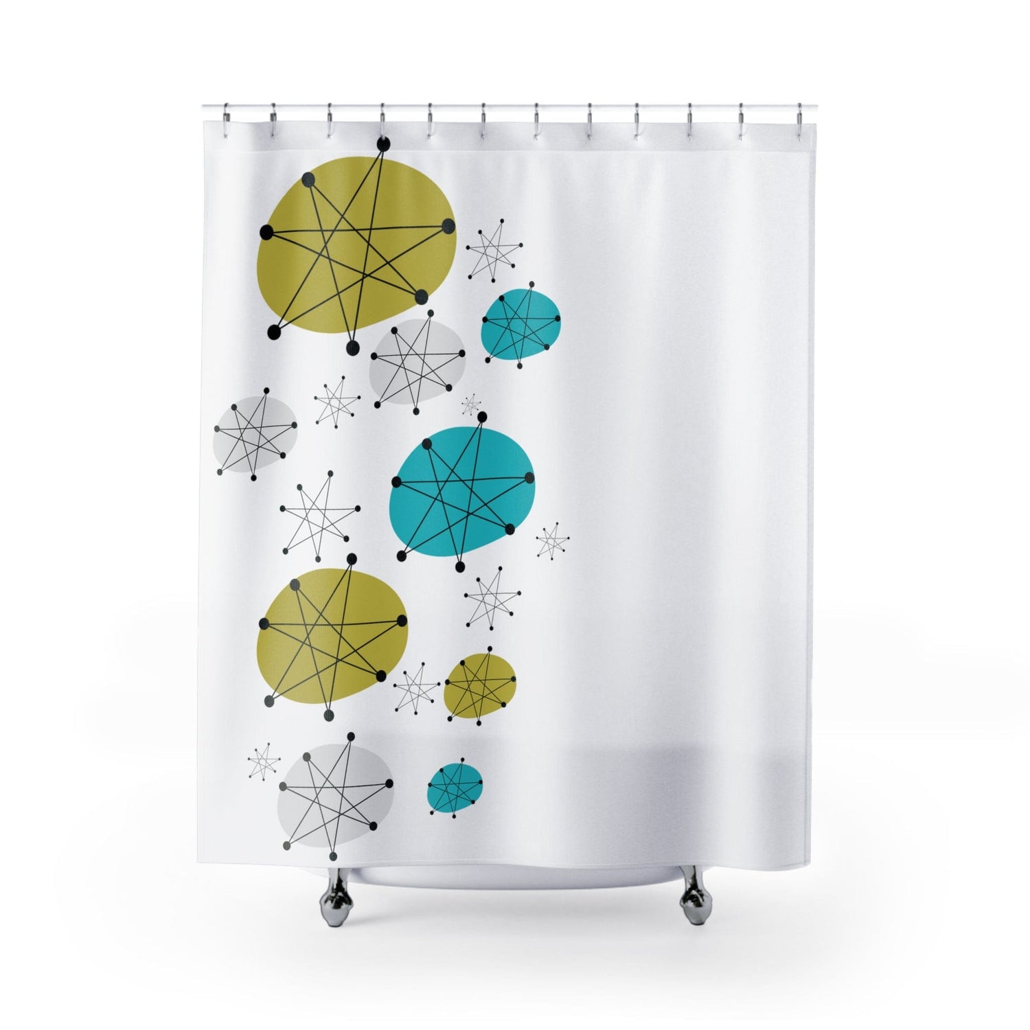 Mid Mod Minimalist, Franciscan Starburst White, Blue, Green Starbust Shower Curtains Home Decor 71" × 74"