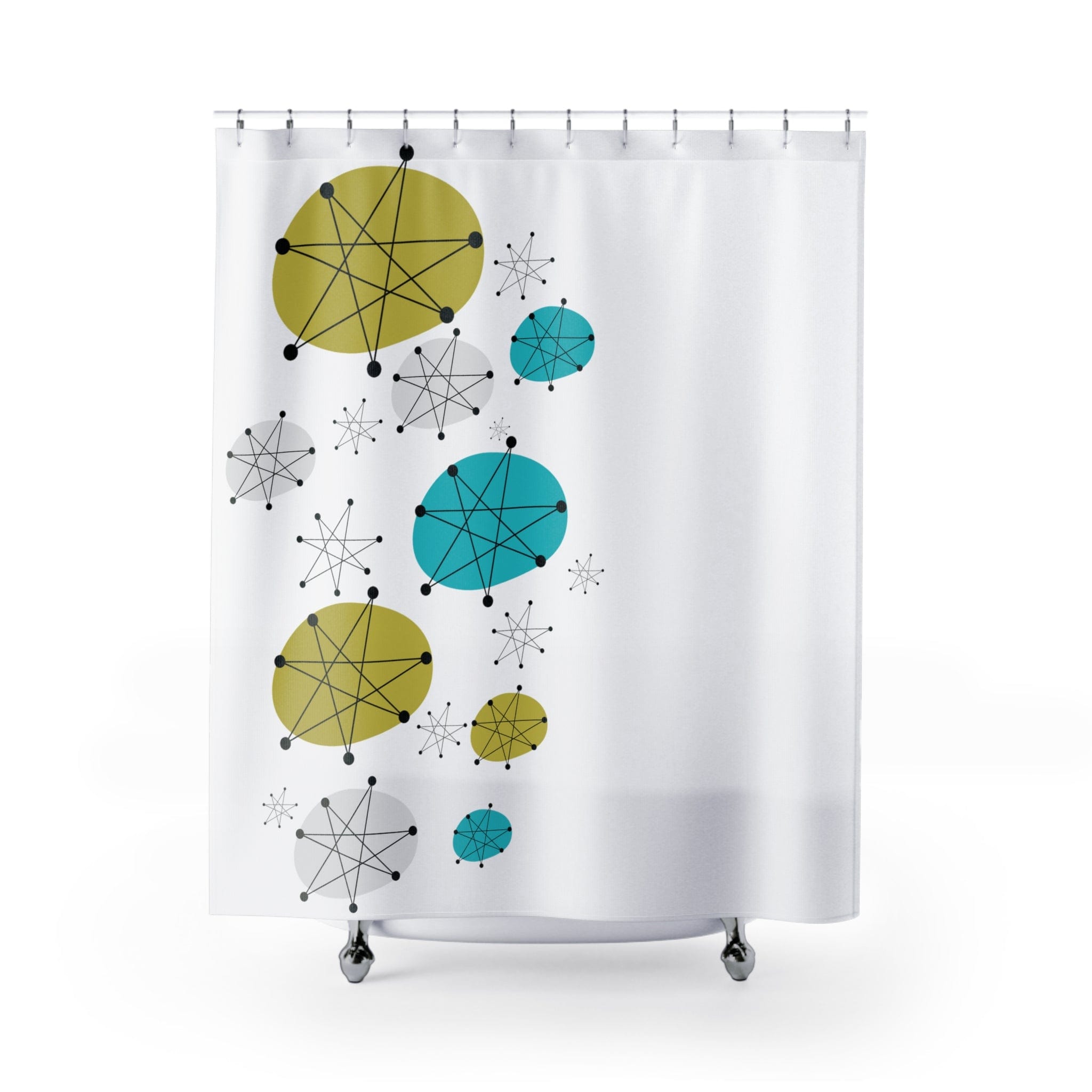 Mid Mod Minimalist, Franciscan Starburst White, Blue, Green Starbust Shower Curtains Home Decor 71" × 74"
