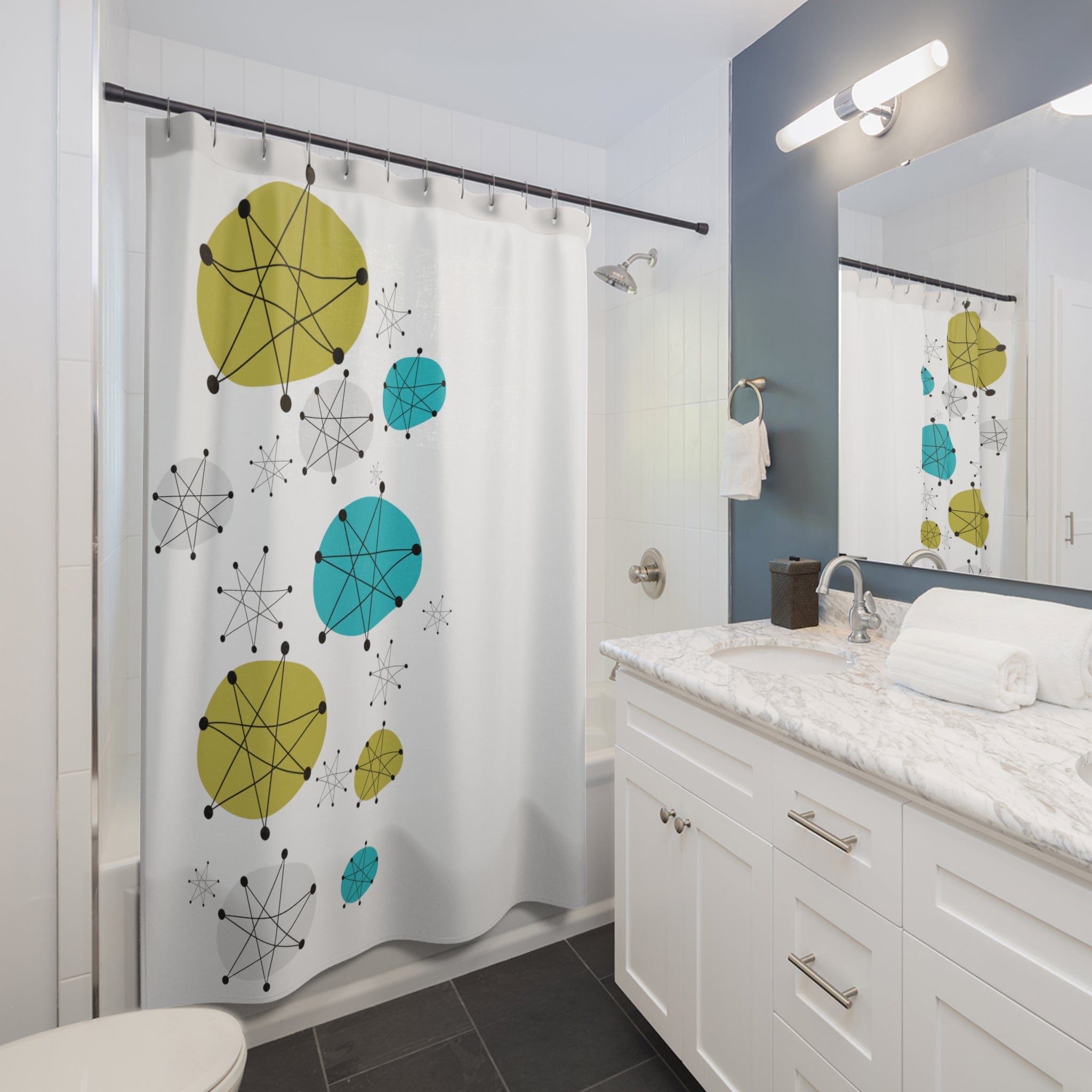 Mid Mod Minimalist, Franciscan Starburst White, Blue, Green Starbust Shower Curtains Home Decor 71" × 74"