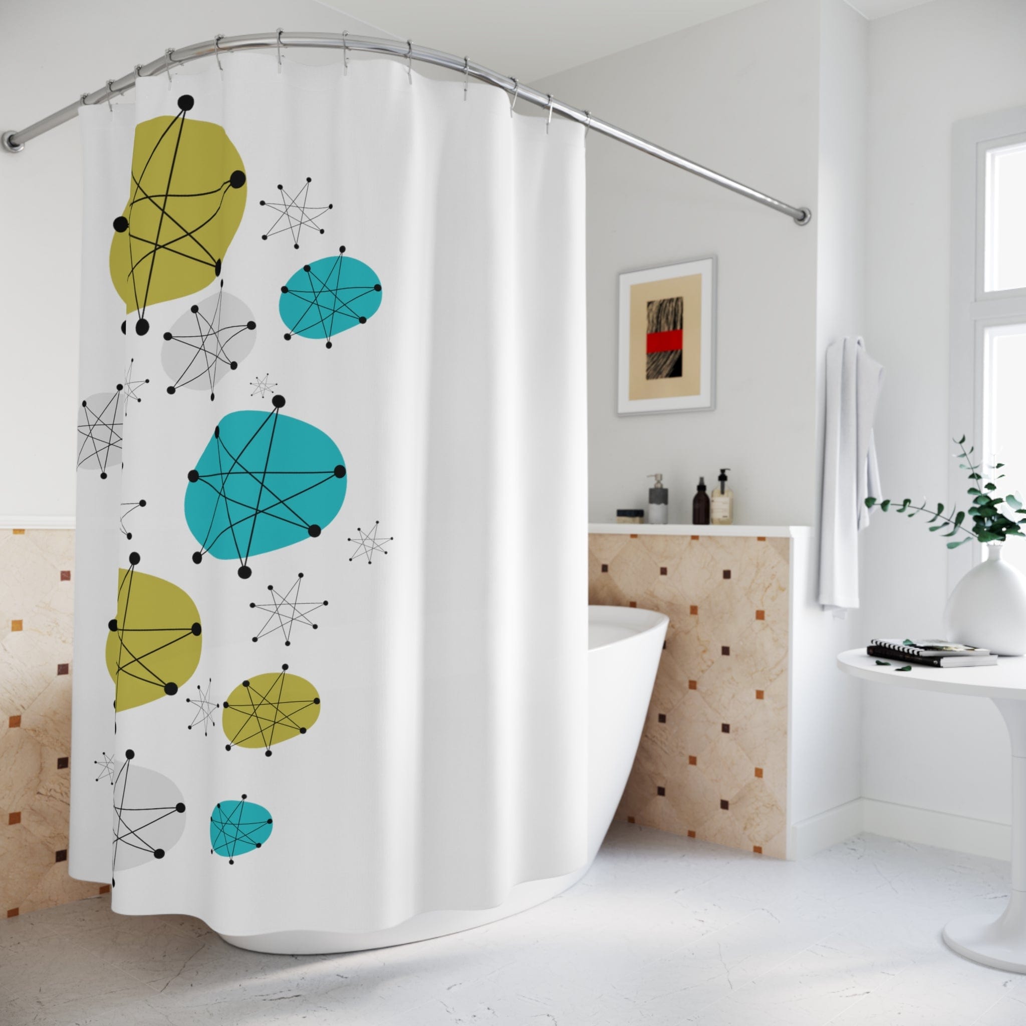 Mid Mod Minimalist, Franciscan Starburst White, Blue, Green Starbust Shower Curtains Home Decor 71" × 74"