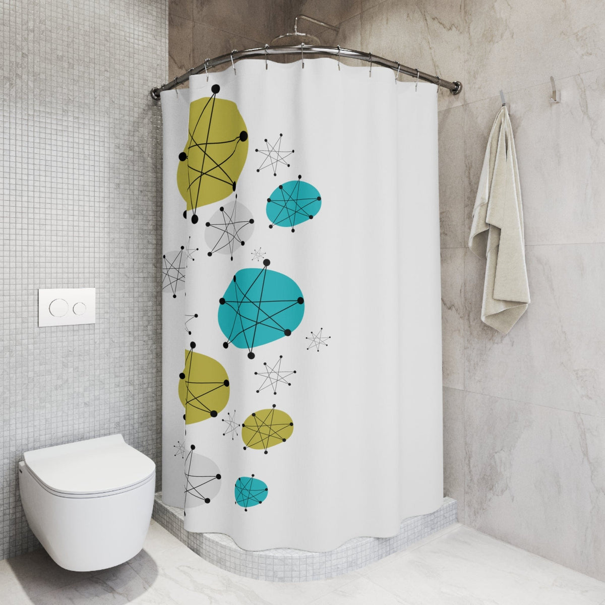 Mid Mod Minimalist, Franciscan Starburst White, Blue, Green Starbust Shower Curtains Home Decor 71" × 74"