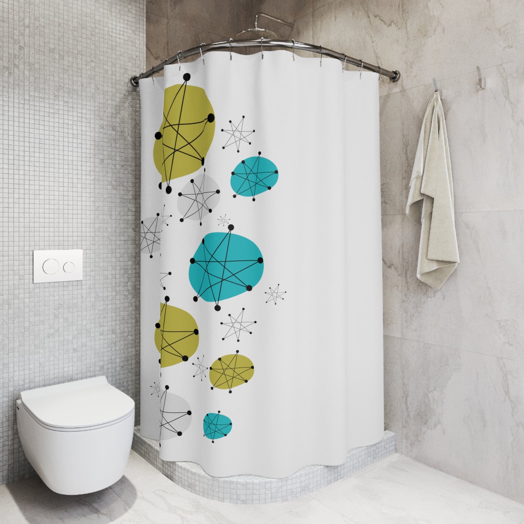 Mid Mod Minimalist, Franciscan Starburst White, Blue, Green Starbust Shower Curtains Home Decor 71" × 74"