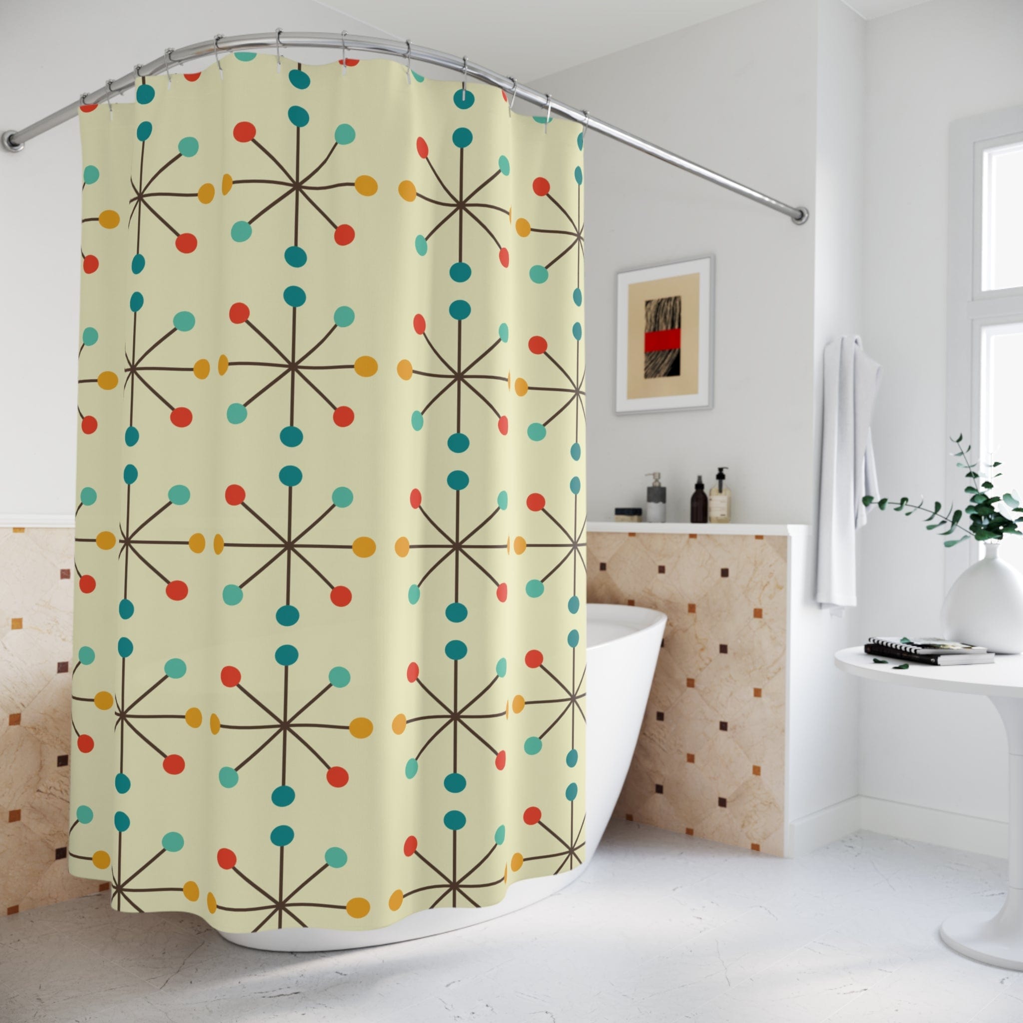 Retro Clock Starburst Mid Century Modern Cream MCM Shower Curtain Home Decor 71" × 74"