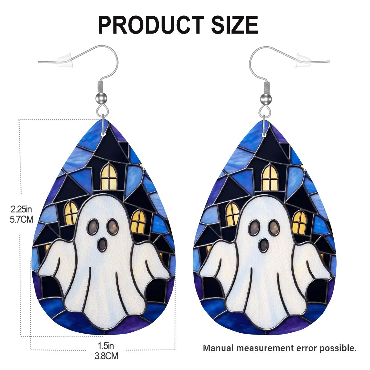 Halloween Stained Glass Style Ghost Haunted House Vegan Leather Teardrop Earrings