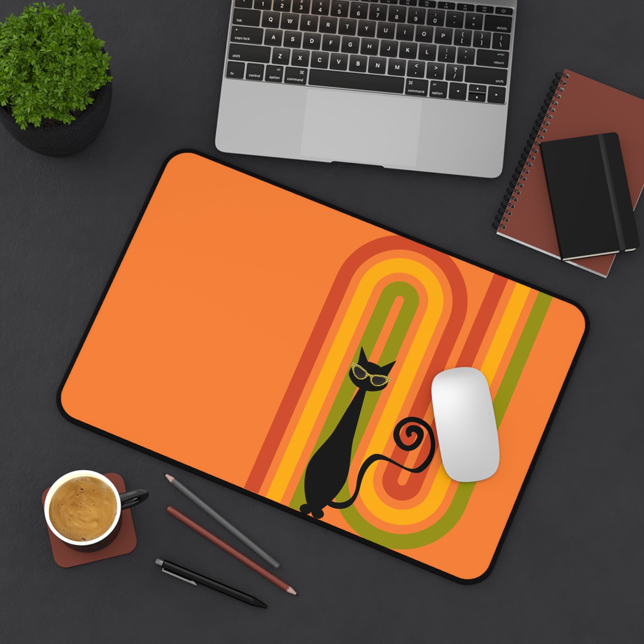 Atomic Cat Retro Orange Groovy Rainbow Mid Century Modern Desk Mat - Mid Century Modern Gal