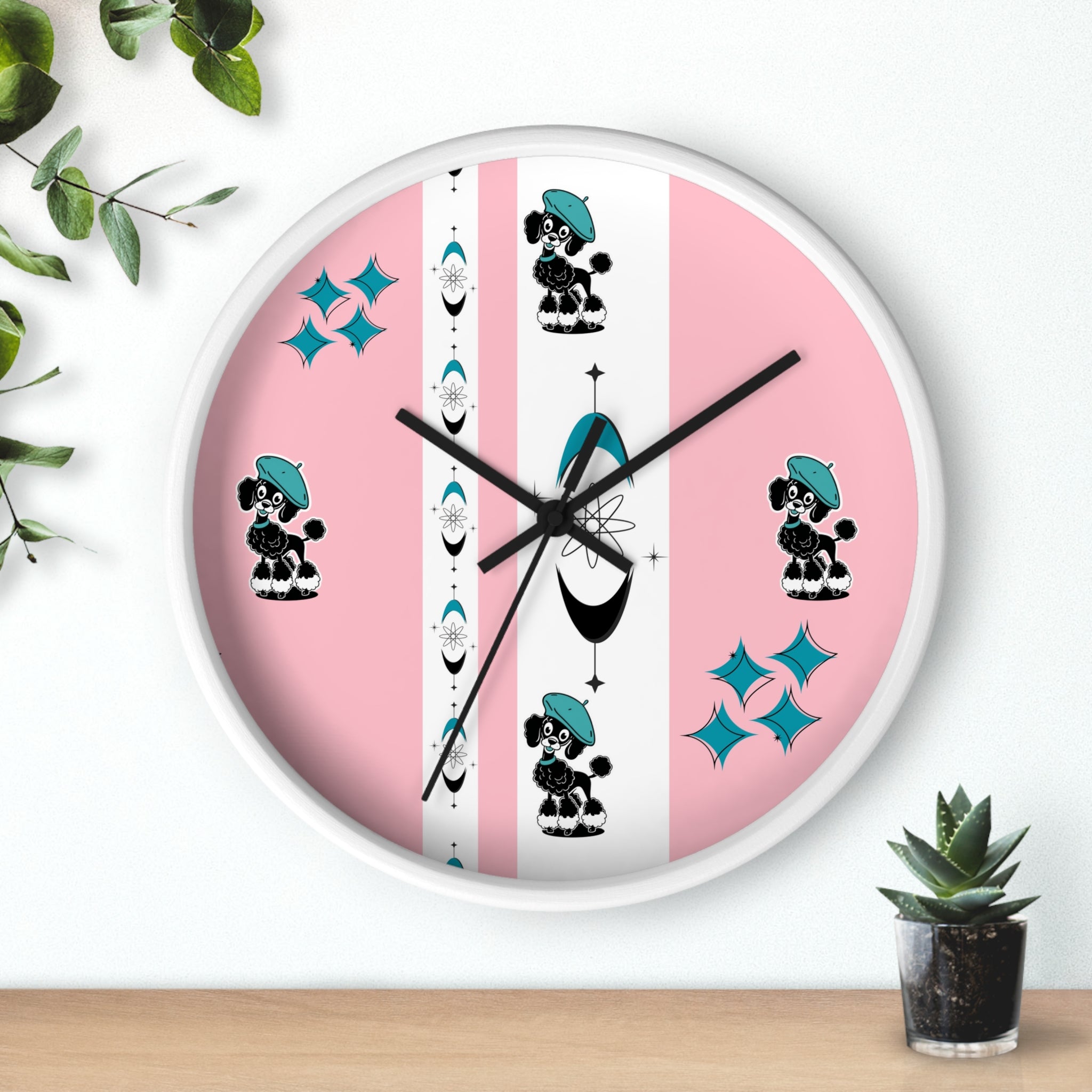 Mid Century Modern Atomic Pink Starburst Wall Clock with Cute Retro Mod Poodle Design - Mid Century Modern Gal