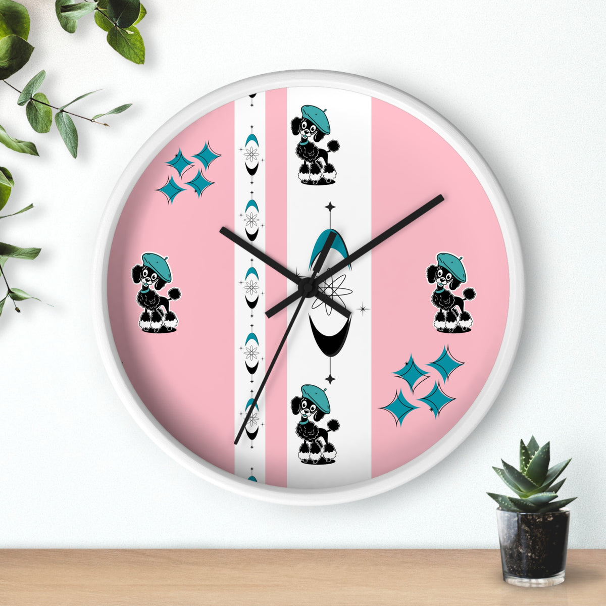 Mid Century Modern Atomic Pink Starburst Wall Clock with Cute Retro Mod Poodle Design - Mid Century Modern Gal