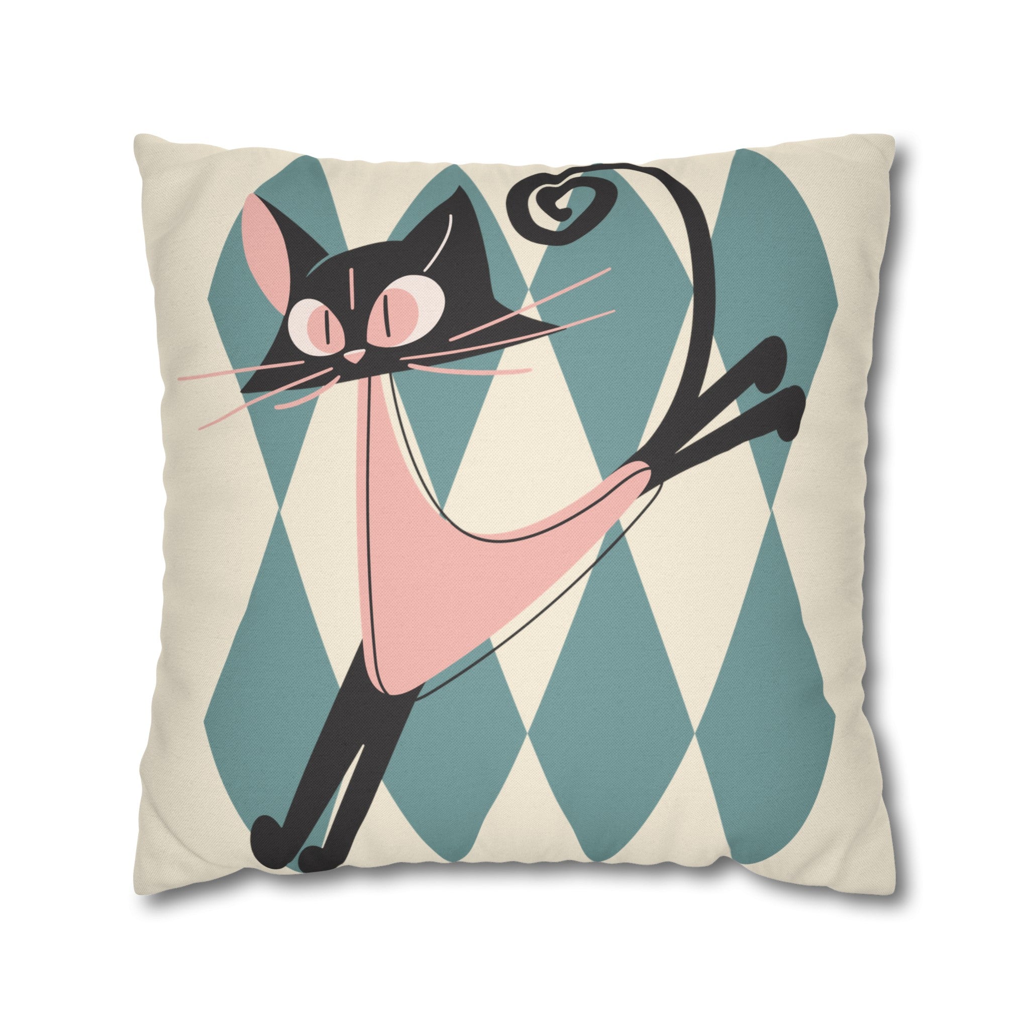 Atomic Kittie, Boomerang Mid Mod Atomic Cat, Harlequin Diamond Kitschy Pillow Cover - Mid Century Modern Gal