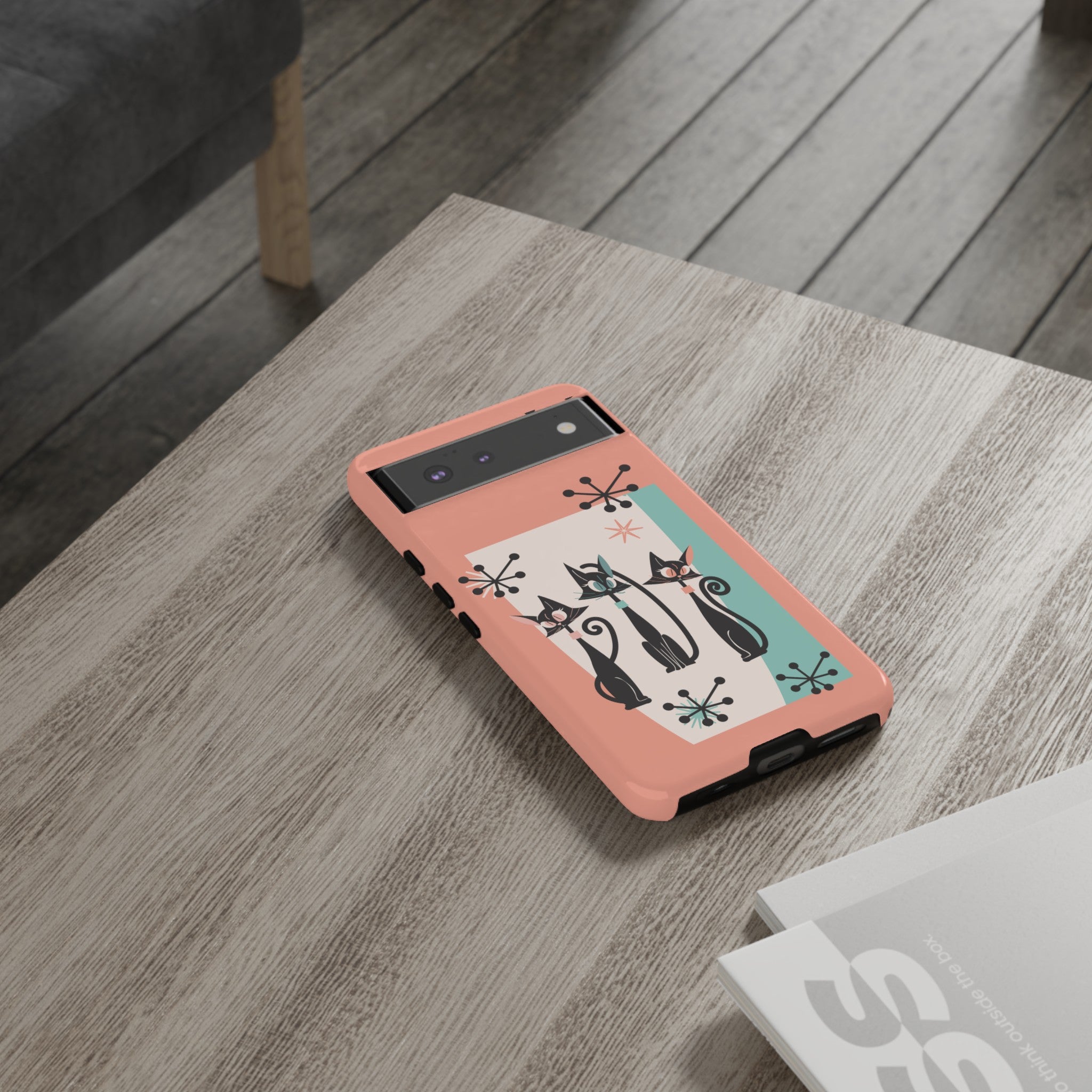 Atomic Cat Mid Mod Coral Aqua Blue Starburst Kitschy Fun Chic Samsung, Smart Phones Tough Cases - Mid Century Modern Gal