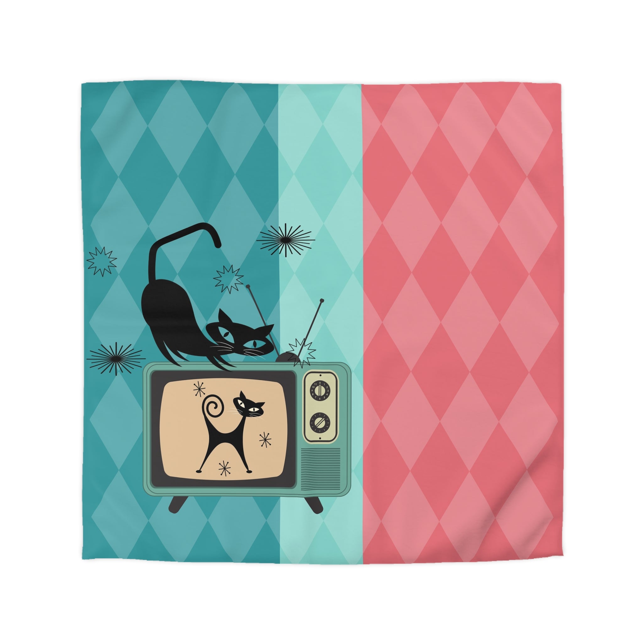 Atomic Kitties, Mid Mod Harlequin Diamond Pattern, Pink, Teal, Light Mint, Retro Mod Duvet Cover - Mid Century Modern Gal