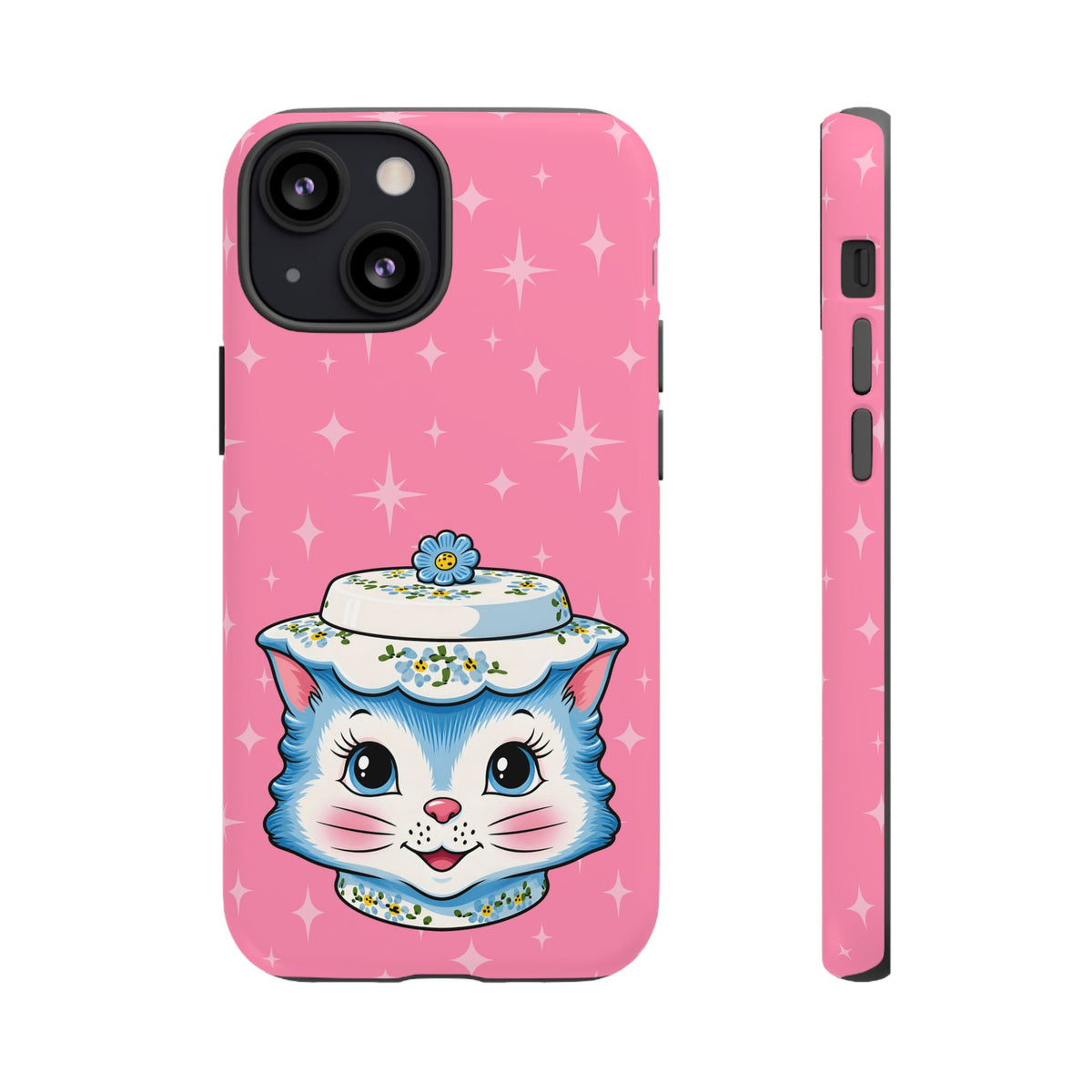 Mid Century Modern Kitschy Anthropomorphic Blue Cat with Floral Hat Tough Phone Case