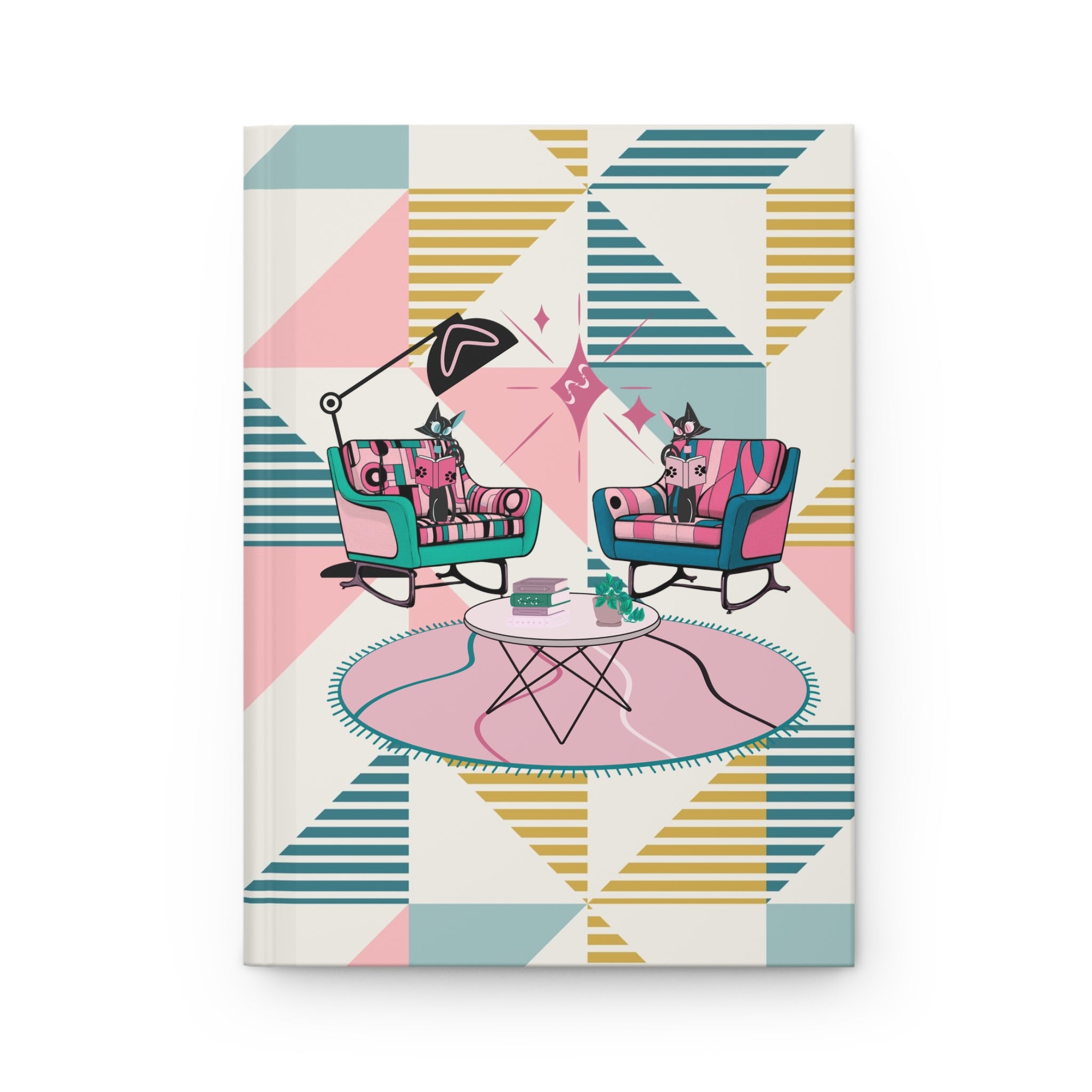 Reading Cats, Kitschy Mid Mod Geometric Patterned Hardcover Journal for Creative Thinking - Mid Century Modern Gal