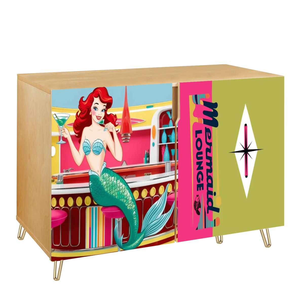 Mid Century Modern Mermaid Kitschy Hot Pink, Green Atomic Coctail MCM Bar Cabinet Wooden Storage Cabinet - Mid Century Modern Gal