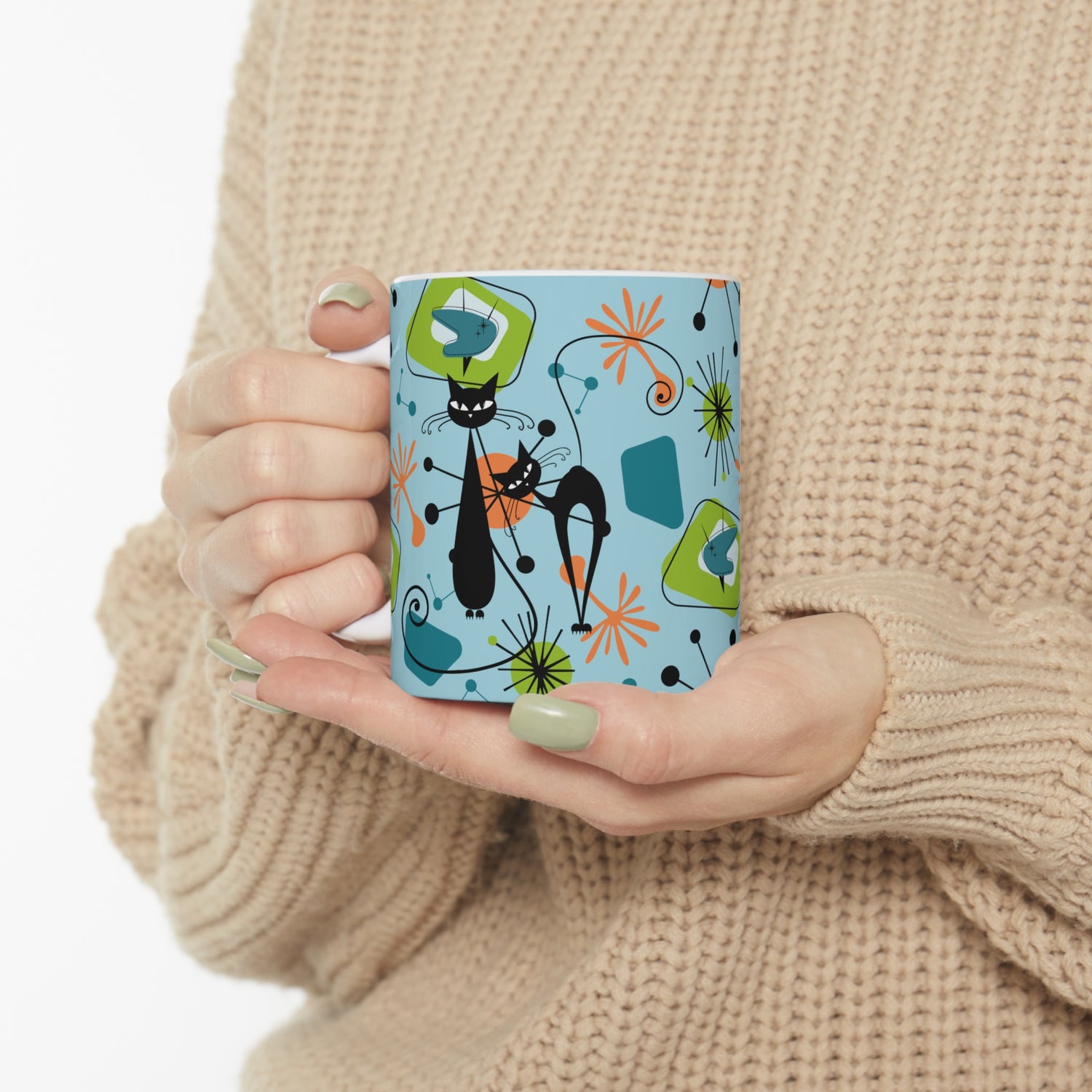 Atomic Cat Coffee Mug, Kitschy 50s Mid Century Modern Coffee, Tea, Blue, Green, Sputnik Starbursts Designs Ceramic Mug 11oz - Mid Century Modern Gal