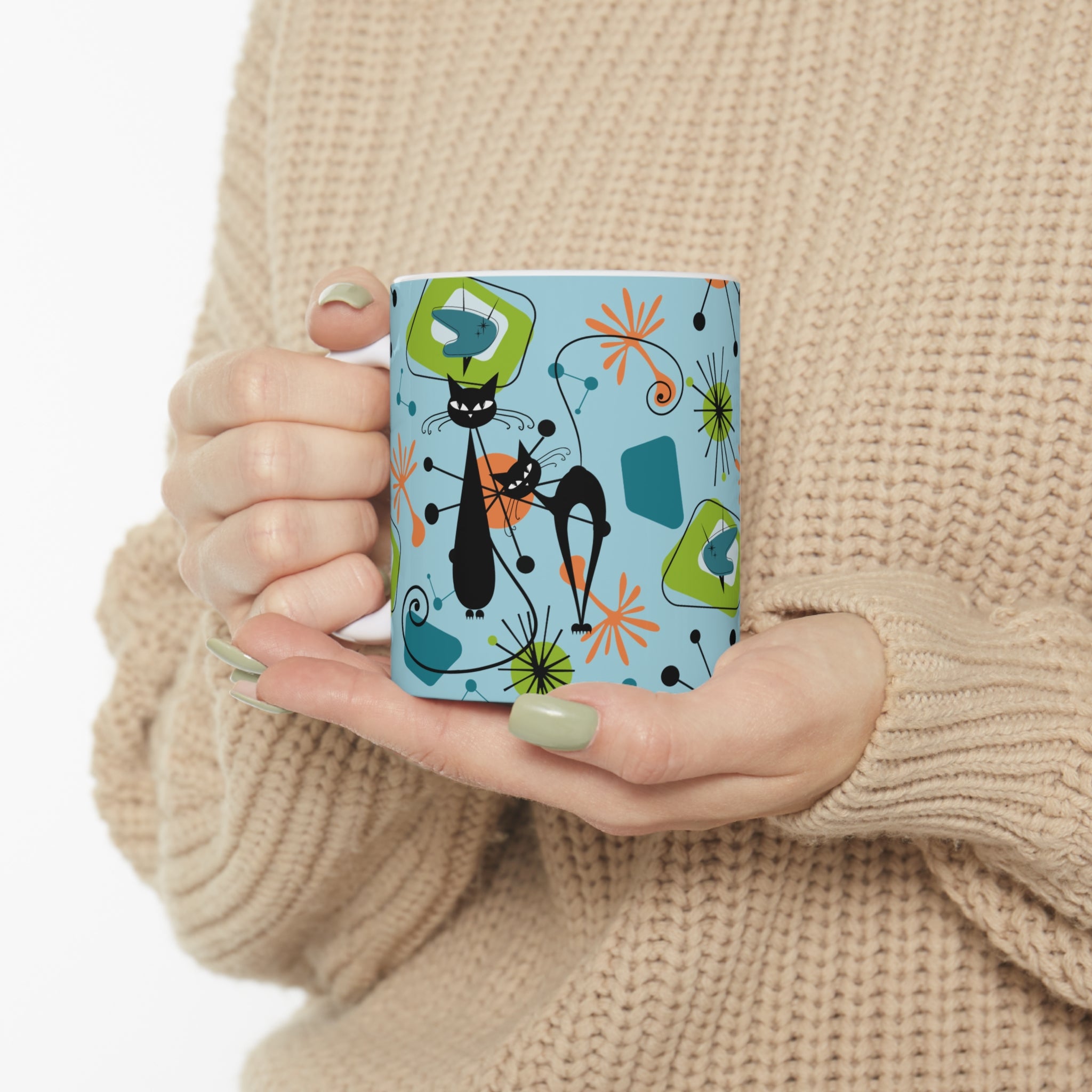 Atomic Cat Coffee Mug, Kitschy 50s Mid Century Modern Coffee, Tea, Blue, Green, Sputnik Starbursts Designs Ceramic Mug 11oz - Mid Century Modern Gal