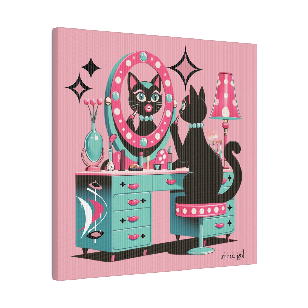 Atomic Cat Wall Art, Mid Mod Pink Boutique Atomic 50s Vanity Pretty Glam Cat Matte Canvas - Mid Century Modern Gal