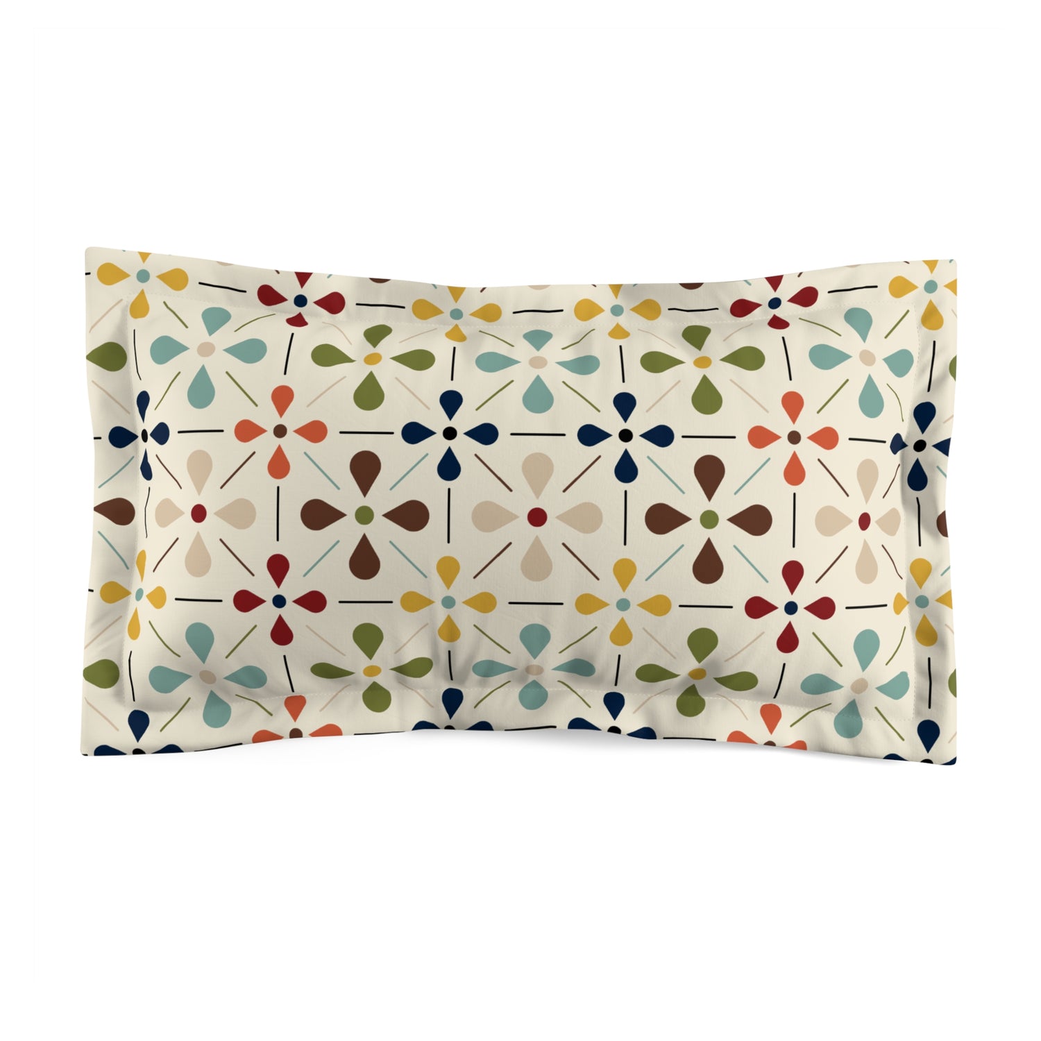 Mid Century Modern, Scandinavian Flower, Modern Danish, Beige, Yellow, Green, Orange, Brown, Aqua, MCM Bedroom Pillow Sham - Mid Century Modern Gal