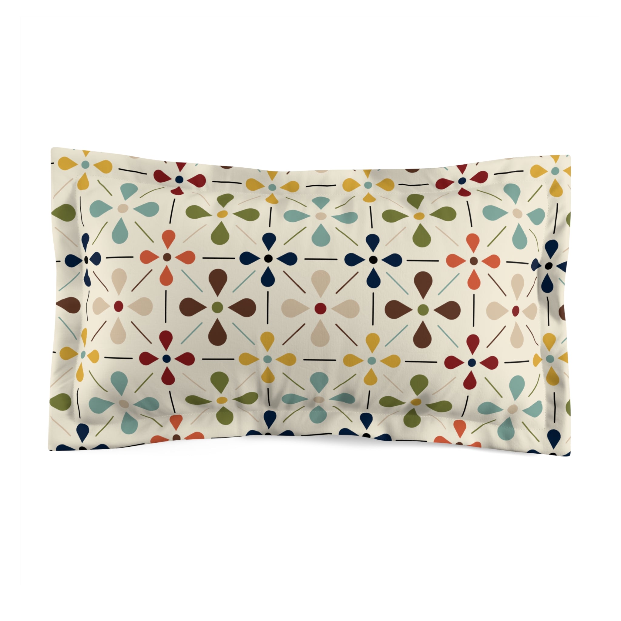 Mid Century Modern, Scandinavian Flower, Modern Danish, Beige, Yellow, Green, Orange, Brown, Aqua, MCM Bedroom Pillow Sham - Mid Century Modern Gal