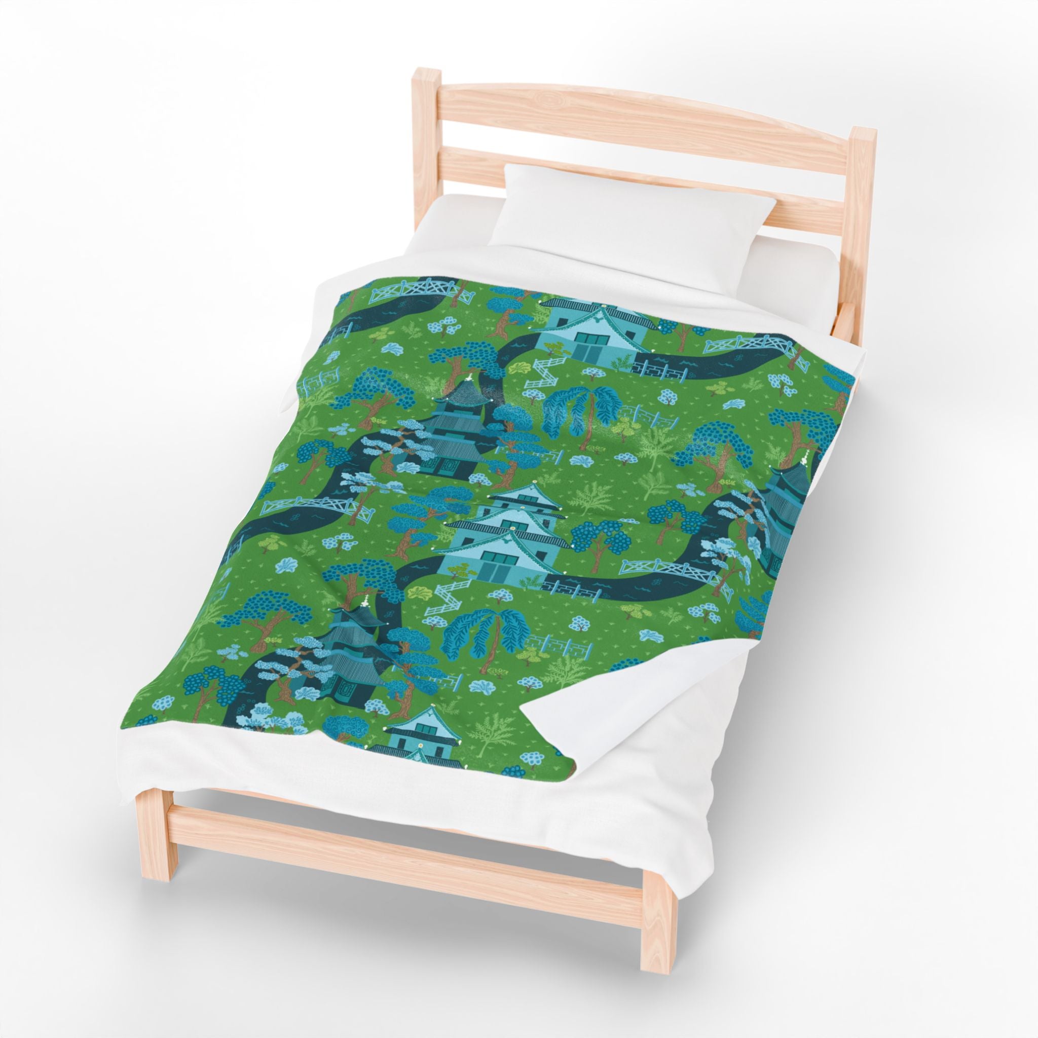 Chinoiserie Throw Blanket, Green, Blue Serene Garden Velveteen Plush Blanket - Cozy Floral Design - Mid Century Modern Gal