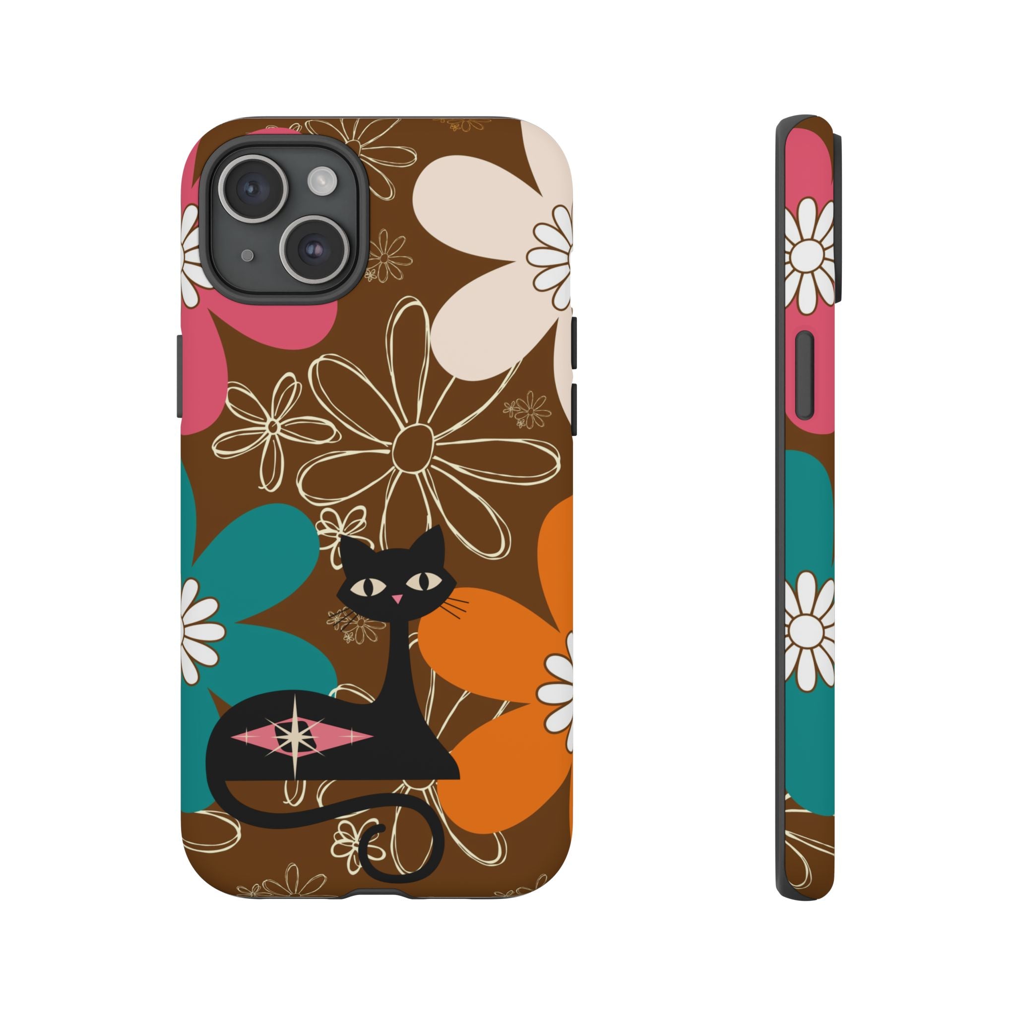 Atomic Cat Retro 70s Vibe Flower Power Tough Cases: Cute Floral and Cat Phone Case for Cat Lovers - Mid Century Modern Gal