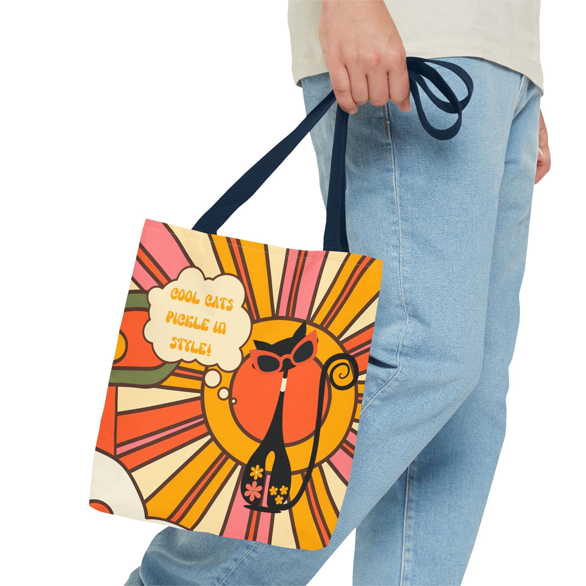 Pickleball Player Lover Tote Bag, Retro Groovy Mod Cat