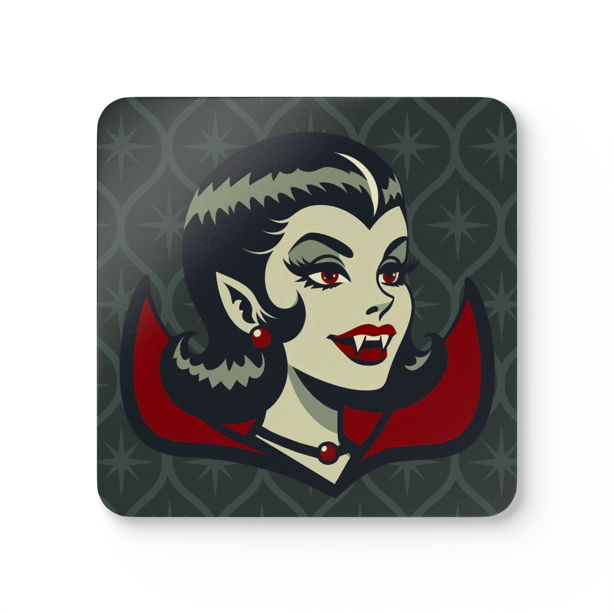 Vampire Dracula Girl Halloween Goth Horror Buff MCM Green Corkwood Coaster Set - Mid Century Modern Gal
