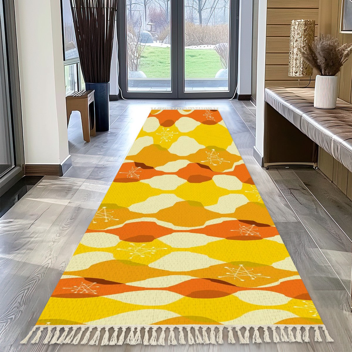 Mid Century Modern Mustard Yellow, Orange Starburst Retro Tassel Rug - Mid Century Modern Gal