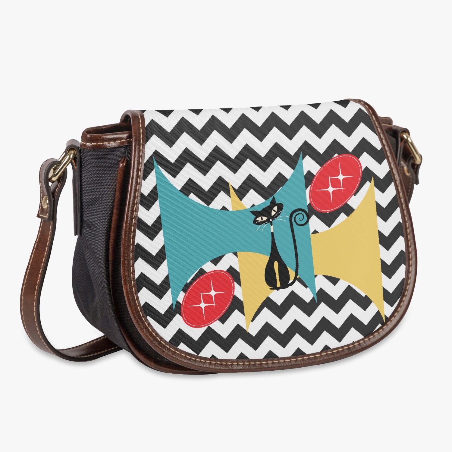 Atomic Cat Chevron Black And White Kitschy Hobo Crossbody Bag - Mid Century Modern Gal
