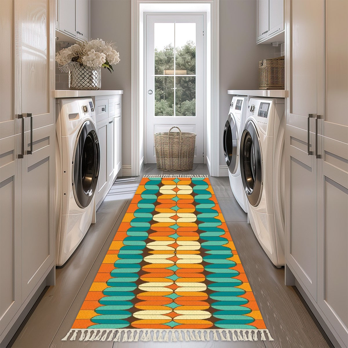 Mid Century Modern Orange Teal, Geometric Mod Rug Runner - Mid Century Modern Gal