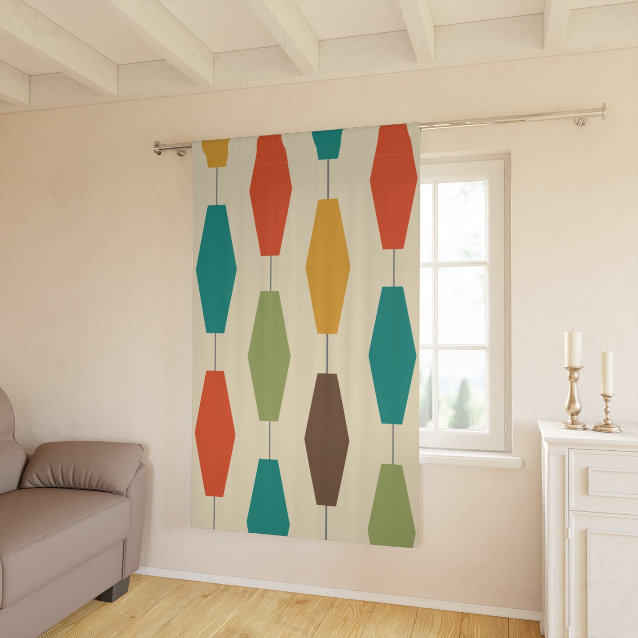 Mid Century Modern Groovy Lanterns, Hexagon Mid Mod Window Curtains (1 Piece) - Mid Century Modern Gal