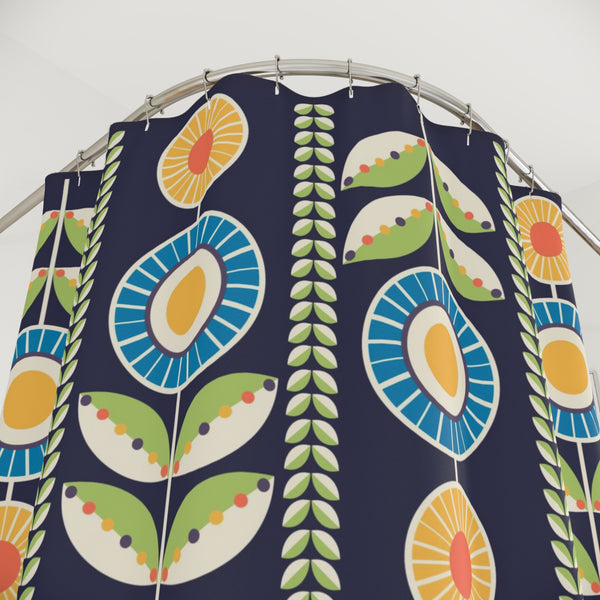 Scandinavian Floral Retro Blue Green, Bohemian Floral Shower Curtain – Colorful Botanical Design for Home Décor