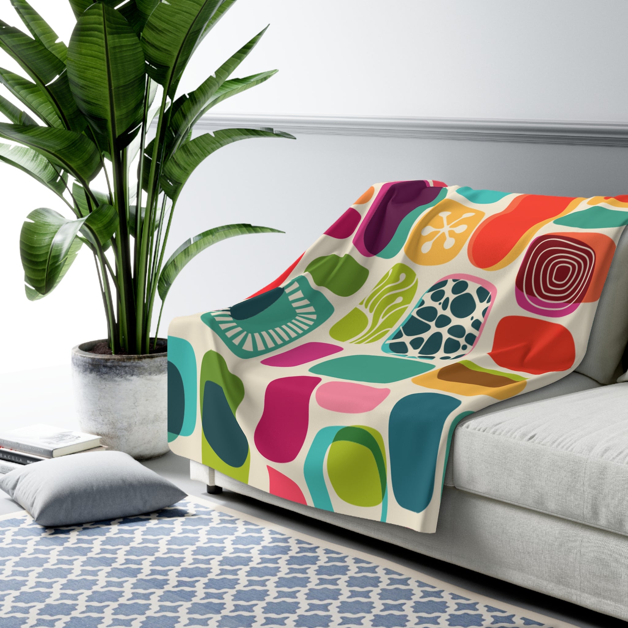 Mid Century Modern BOHO, Abstract, Geometric Retro Purple, Orange, Emerald Green Yellow Mid Mod Atomic Age Sherpa Fleece Blanket - Mid Century Modern Gal