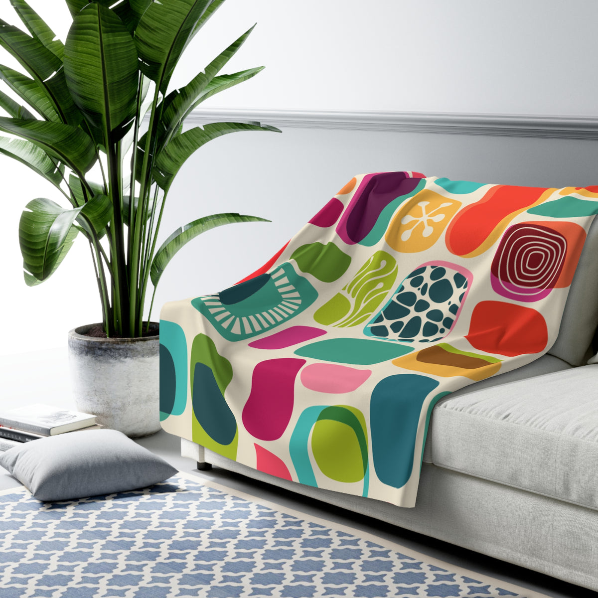 Mid Century Modern BOHO, Abstract, Geometric Retro Purple, Orange, Emerald Green Yellow Mid Mod Atomic Age Sherpa Fleece Blanket - Mid Century Modern Gal