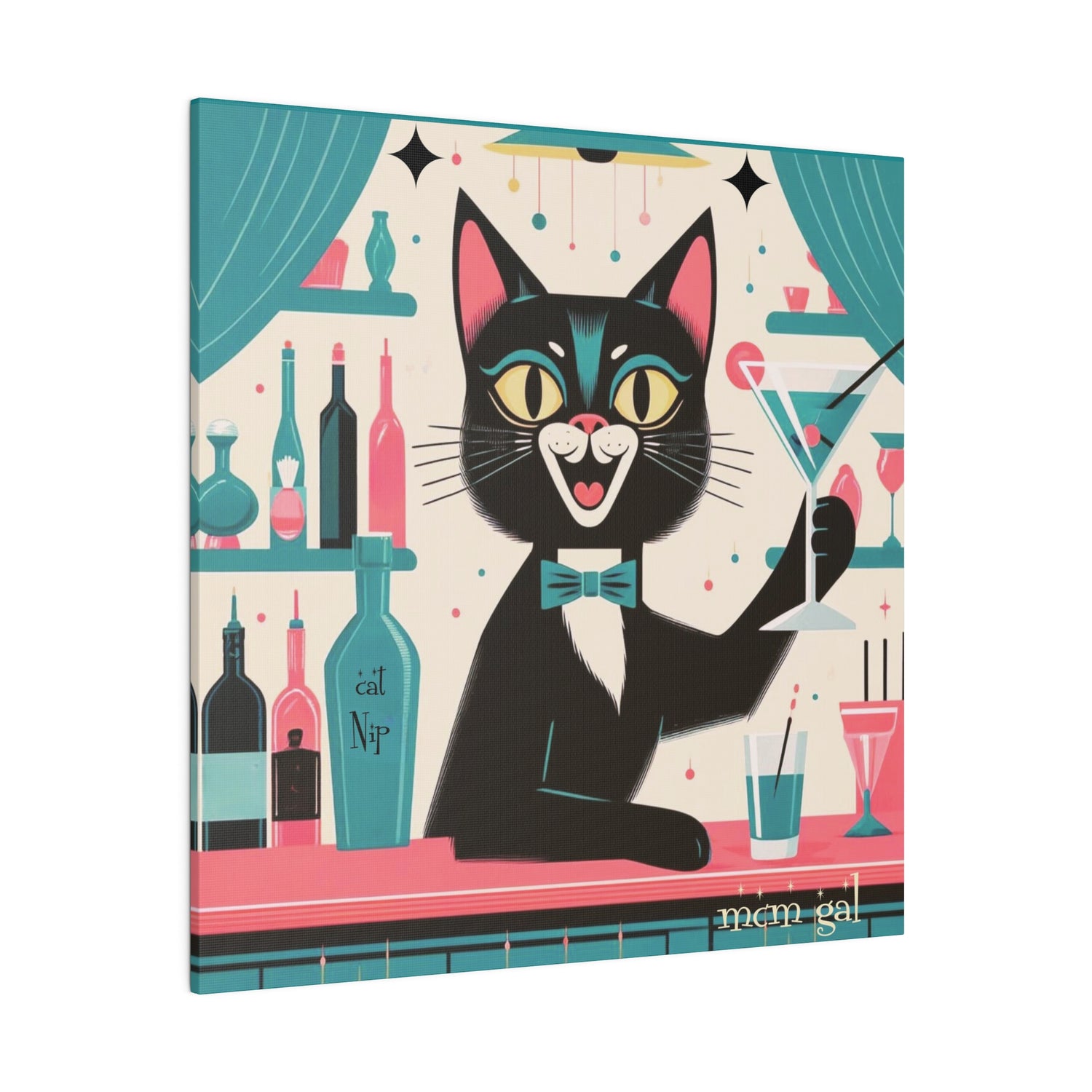 Mid Century Modern Atomic Cat Kitschy Bar Art, Aqua Blue, Pink 50s MCM Matte Canvas - Mid Century Modern Gal