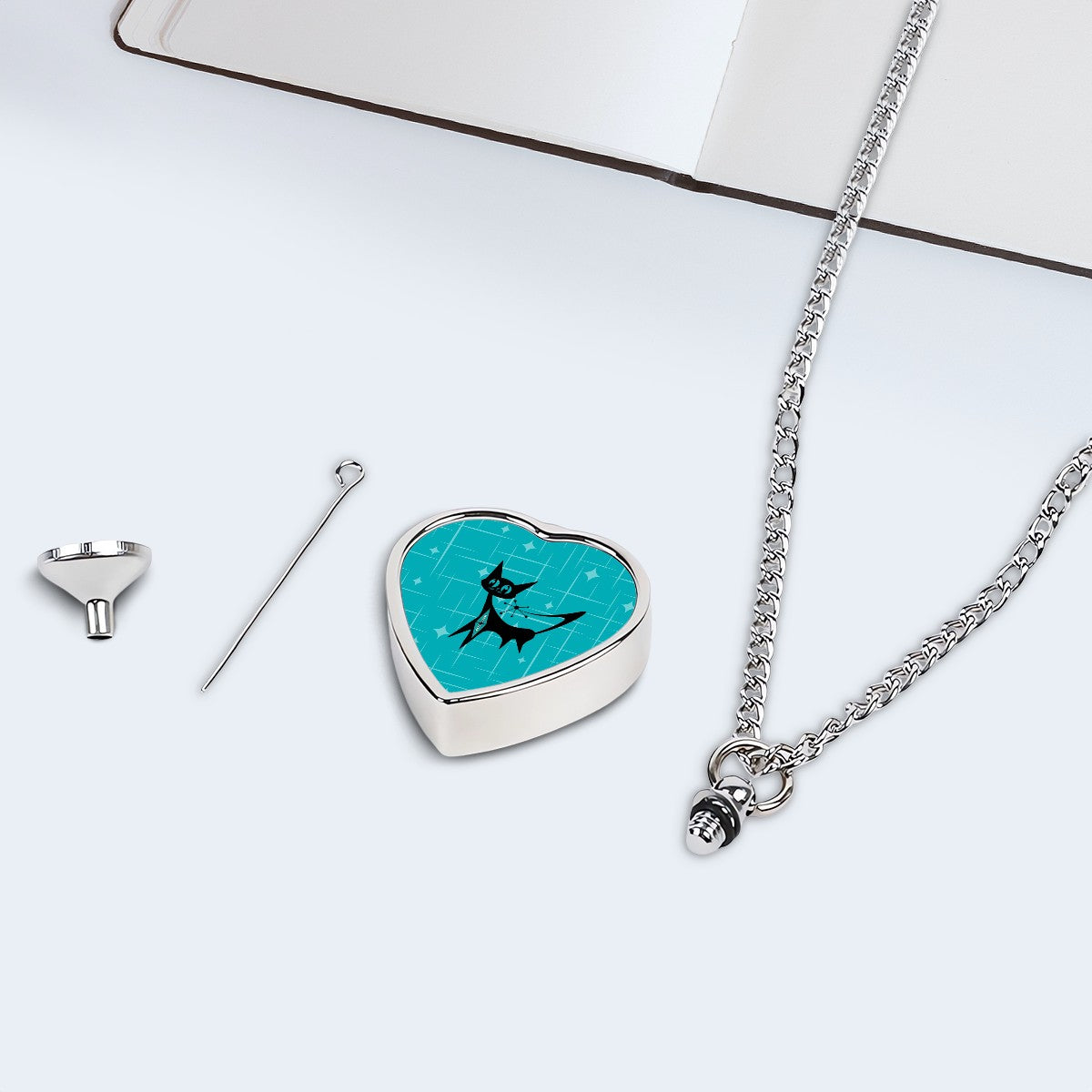 Mid Century Mod Atomic Cat Teal Blue Retro Sentimental Piece Pet Ashes Necklace - Mid Century Modern Gal