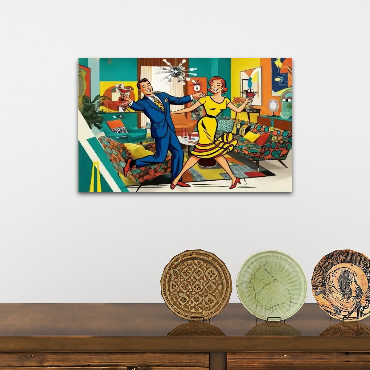 Mid Century Modern Bar Art, Kitschy Quirky Mod Couple Cocktail Hour Dance Party - Mid Century Modern Gal